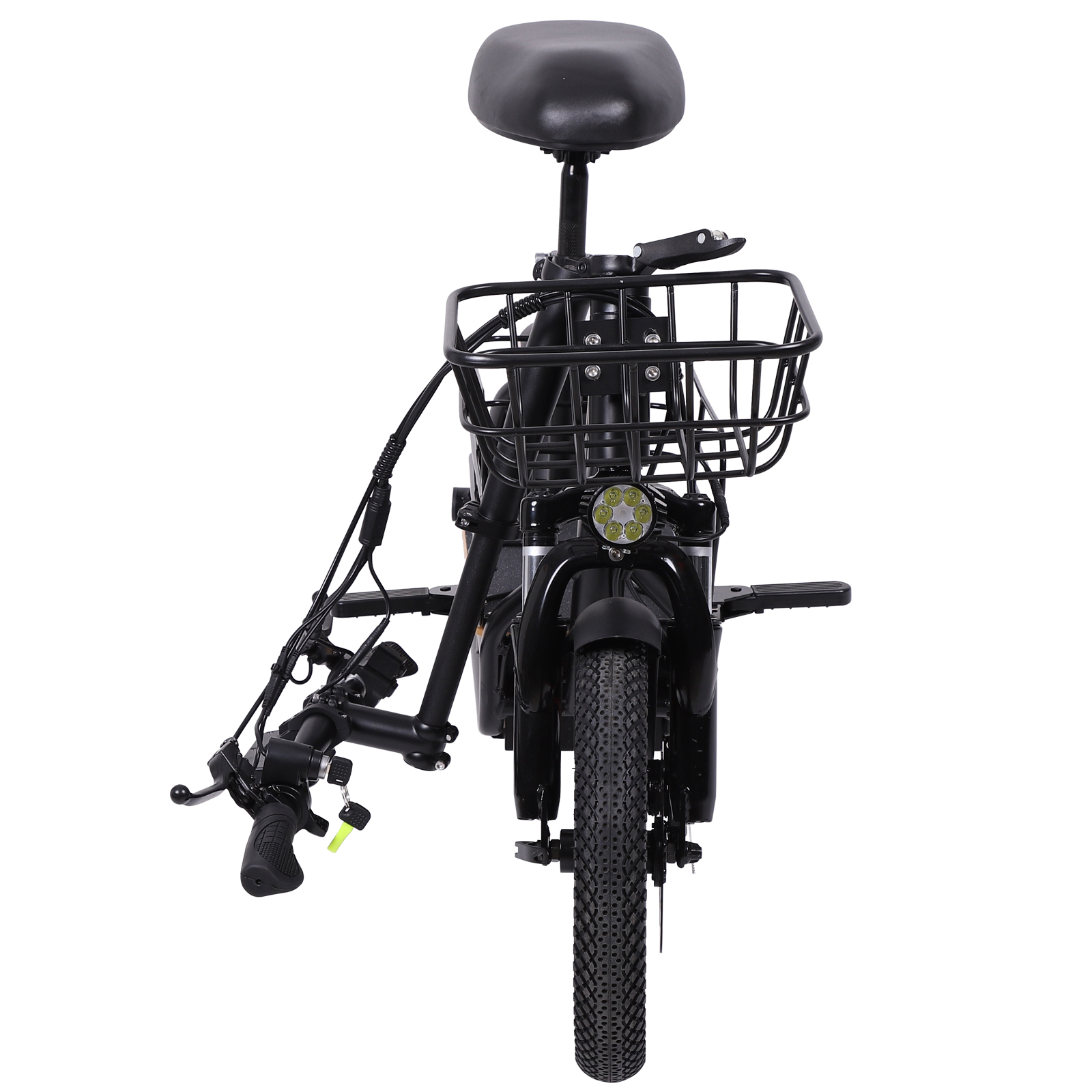 Czarny rower elektryczny z koszem, światłem przednim i białym tłem.