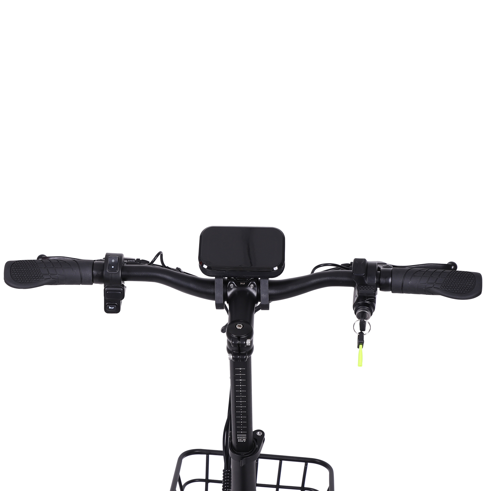 Kierownica hulajnogi elektrycznej z uchwytami, wyświetlaczem, przyciskami i kluczami.