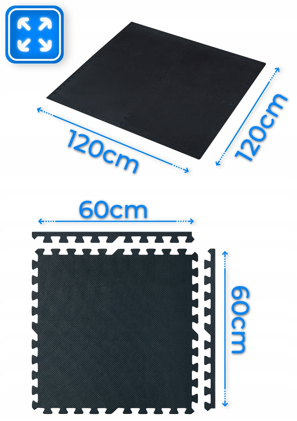 Czarne maty puzzlowe, jedna 120x120cm, druga 60x60cm.