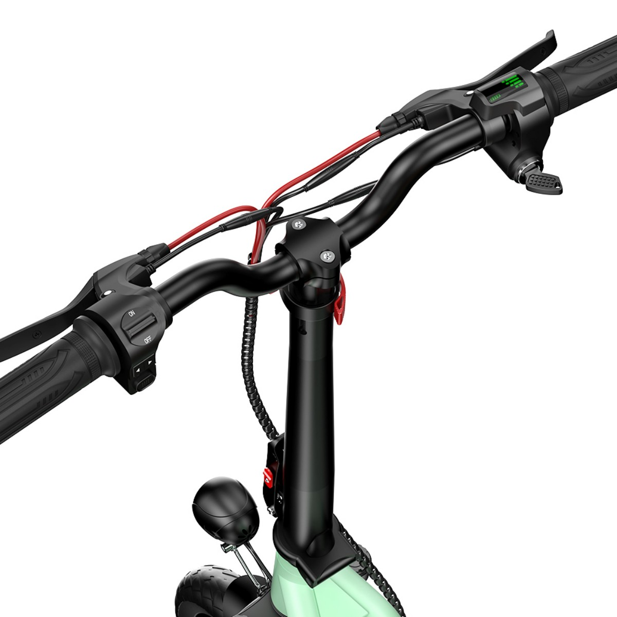 Kierownica hulajnogi elektrycznej z uchwytami, hamulcami, wyświetlaczem i światłem.