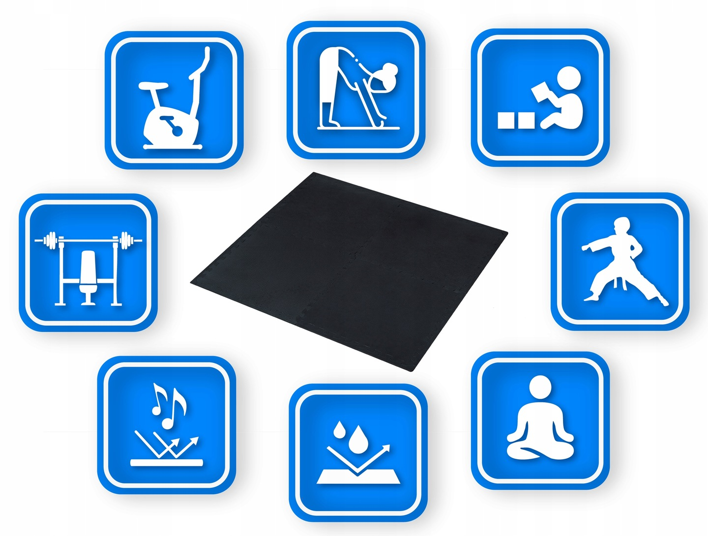 Czarna mata z ikonami fitness, jogi, karate, dzieci, muzyki i wodoodporności.