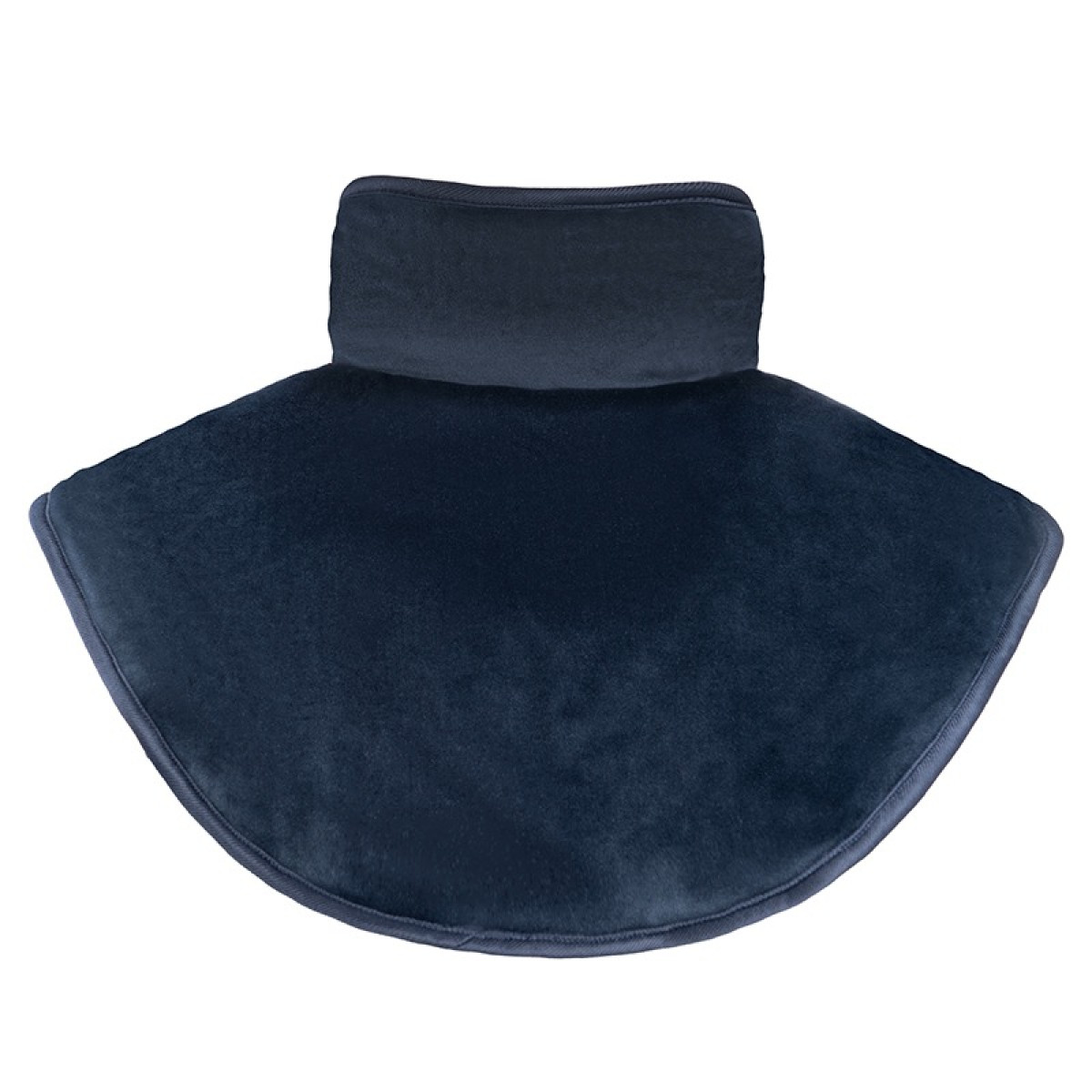 Granatowy kołnierz poduszki na szyję z miękkiej tkaniny, rozchodzący się na ramiona.