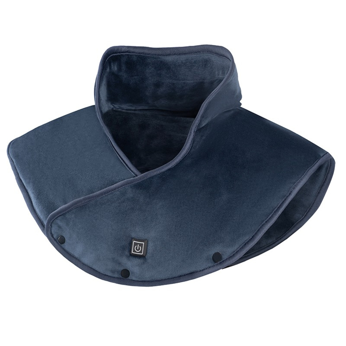 Granatowy, aksamitny ochraniacz na szyję ze znakiem zasilania.