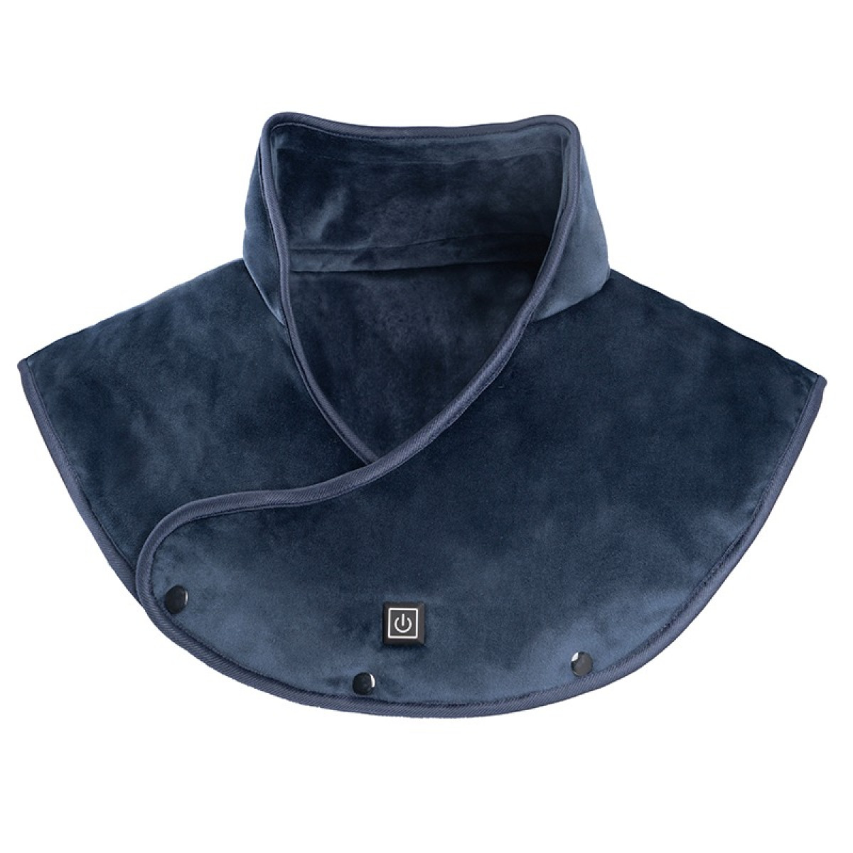 Ciemnoniebieski, podgrzewany szal na szyję z zatrzaskami i symbolem zasilania.