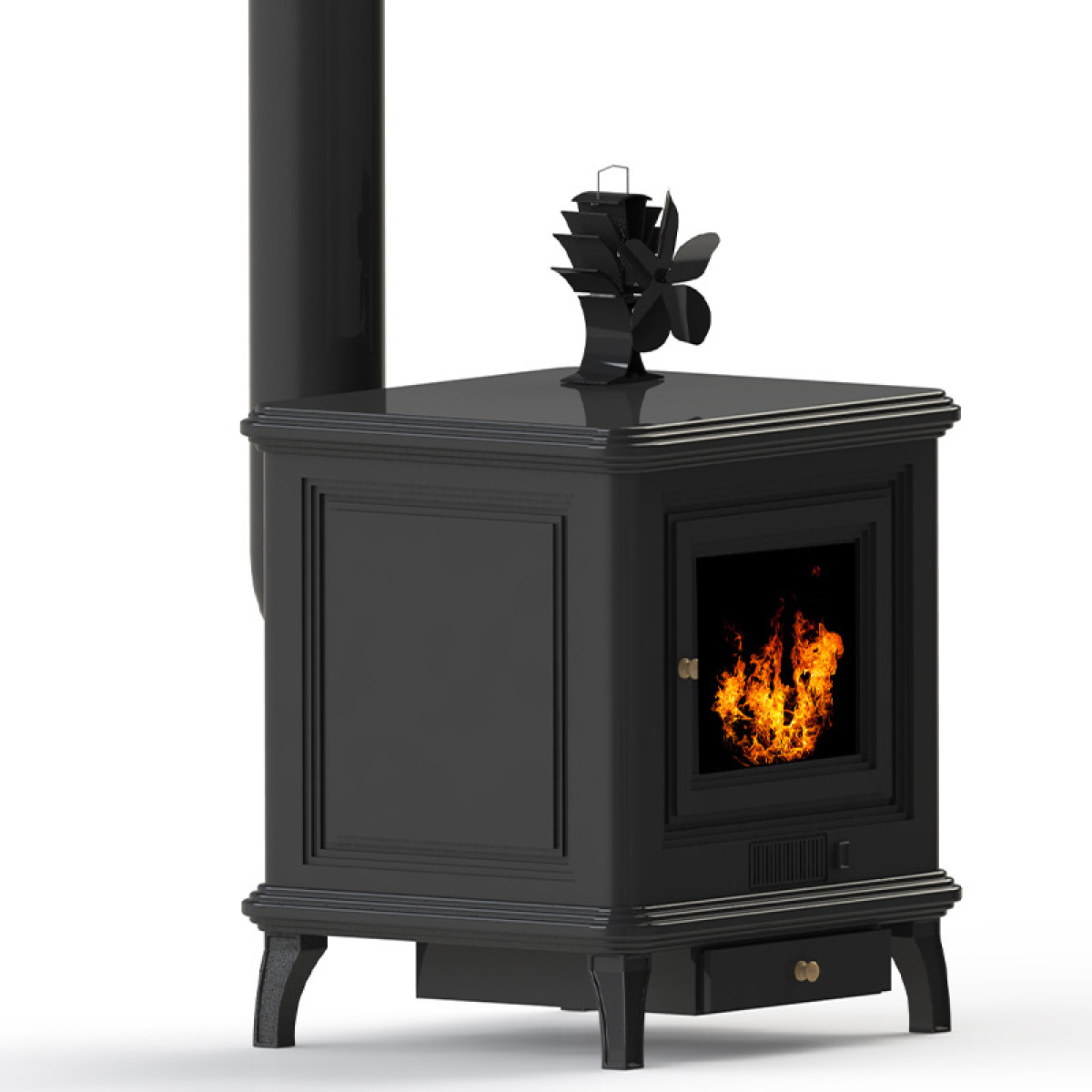Black wood stove with burning flames and a fan on top.