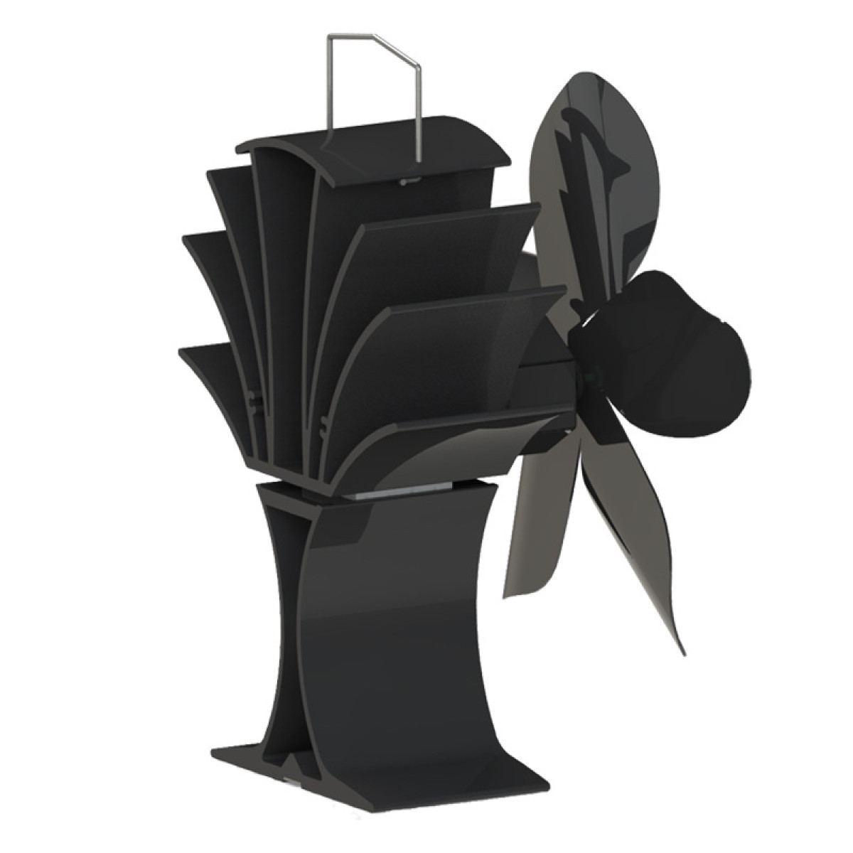Black stove fan with fan blades on a base.