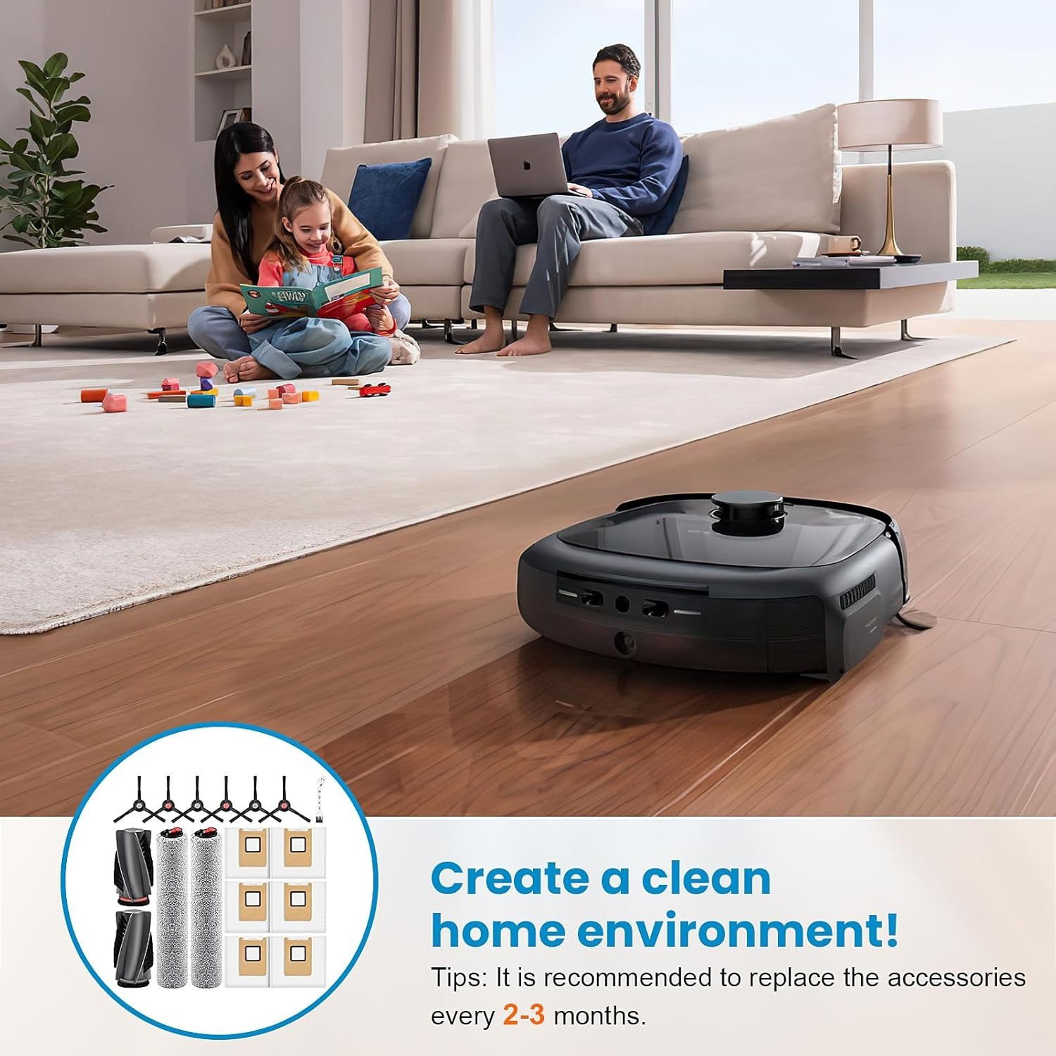 Een robotstofzuiger reinigt de vloer terwijl een gezin ontspant in de woonkamer.