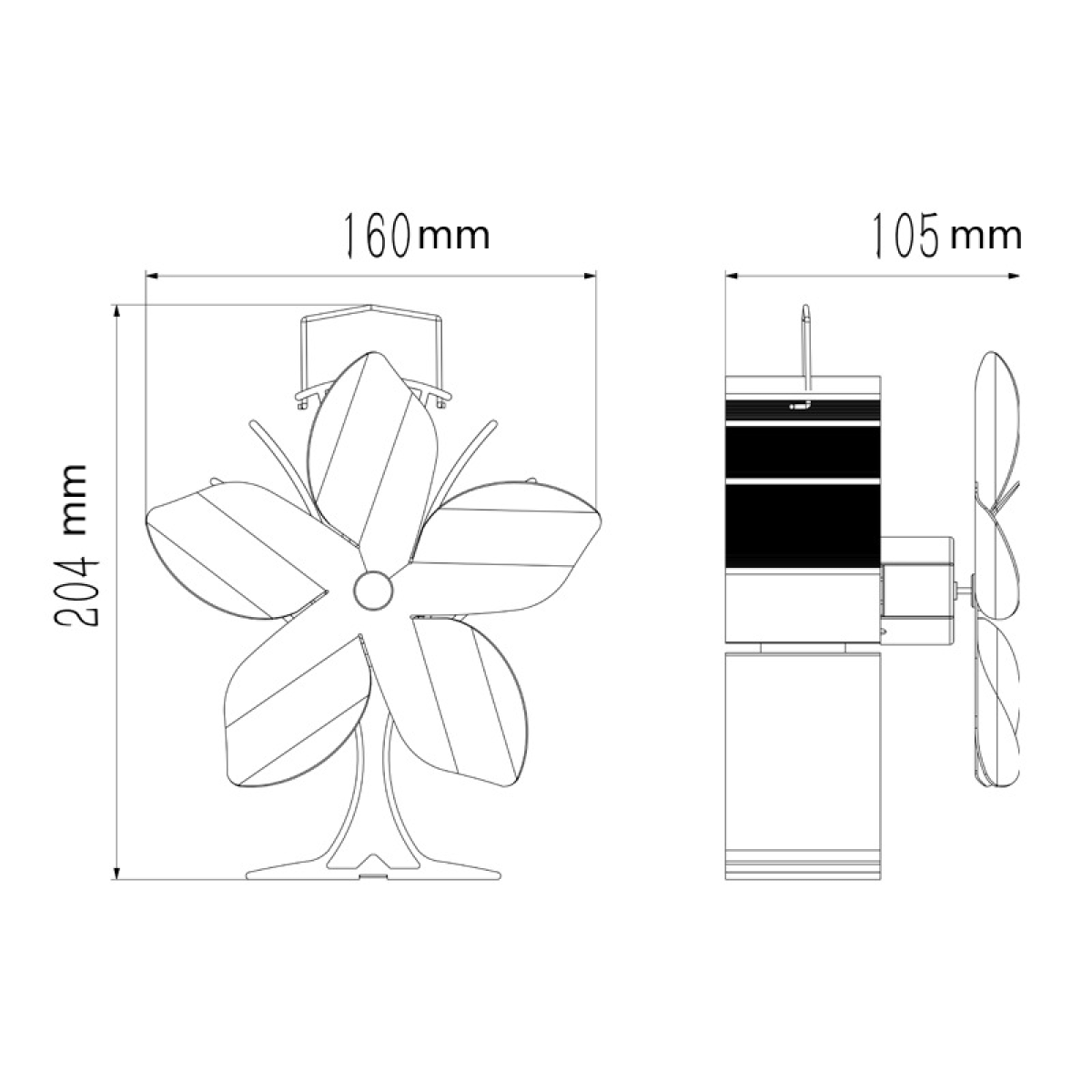 Technical drawing of a stove fan with dimensions 204x160x105 mm.