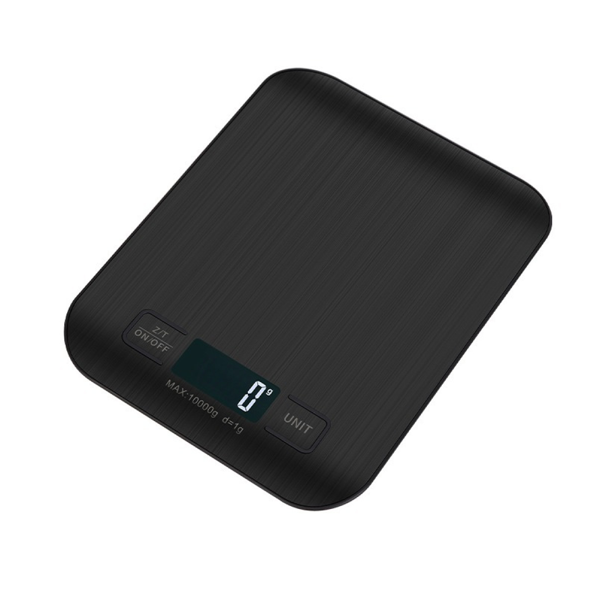 Czarna waga cyfrowa z wyświetlaczem LCD pokazującym zero gramów.