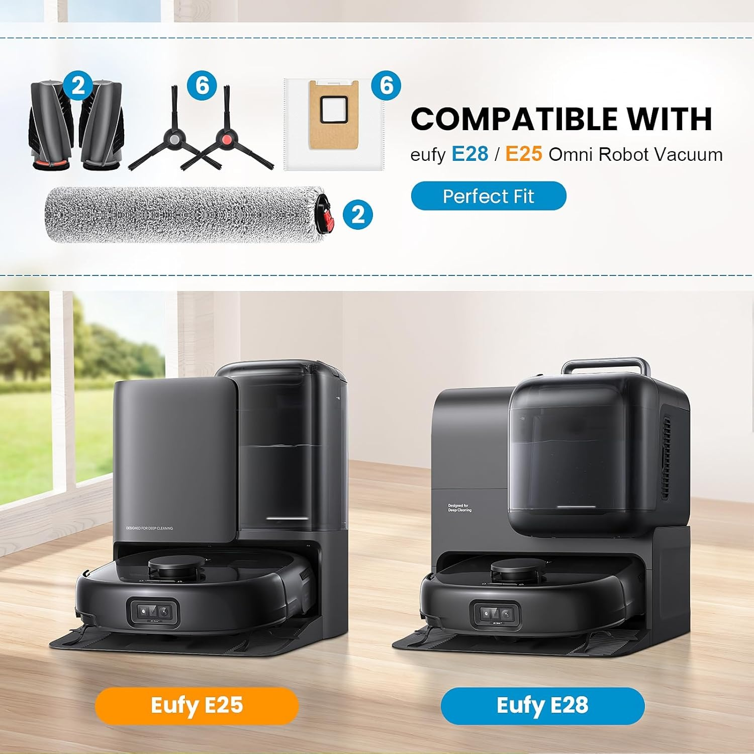 Robotstofzuigeraccessoires en dockingstations Eufy E25 en E28.