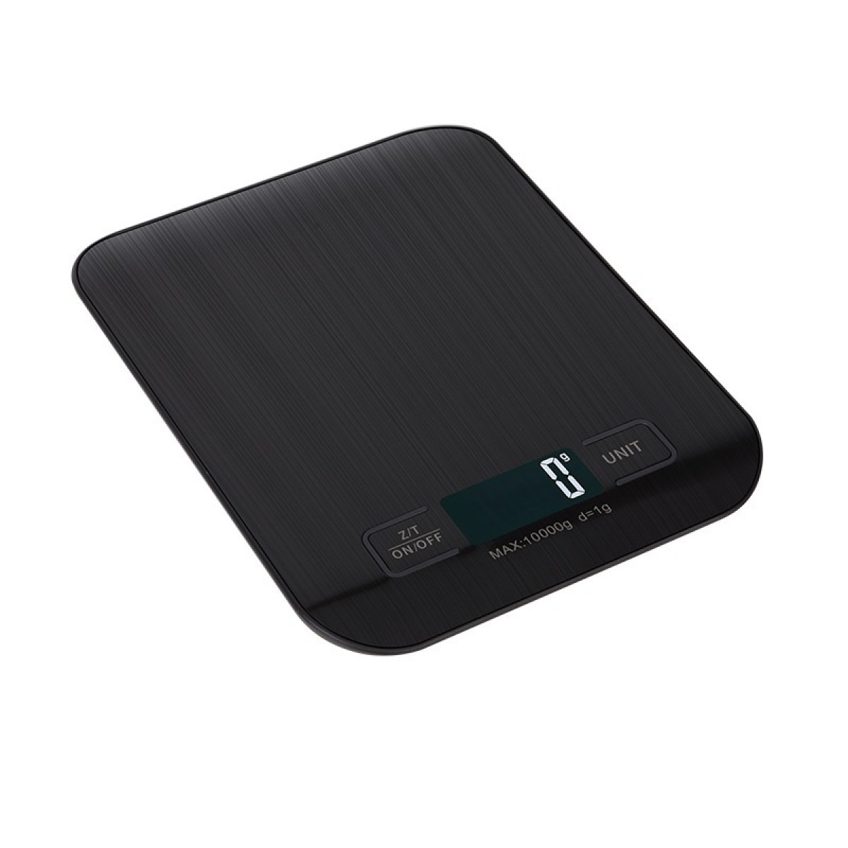 Czarna cyfrowa waga kuchenna z ekranem LCD pokazującym zero.