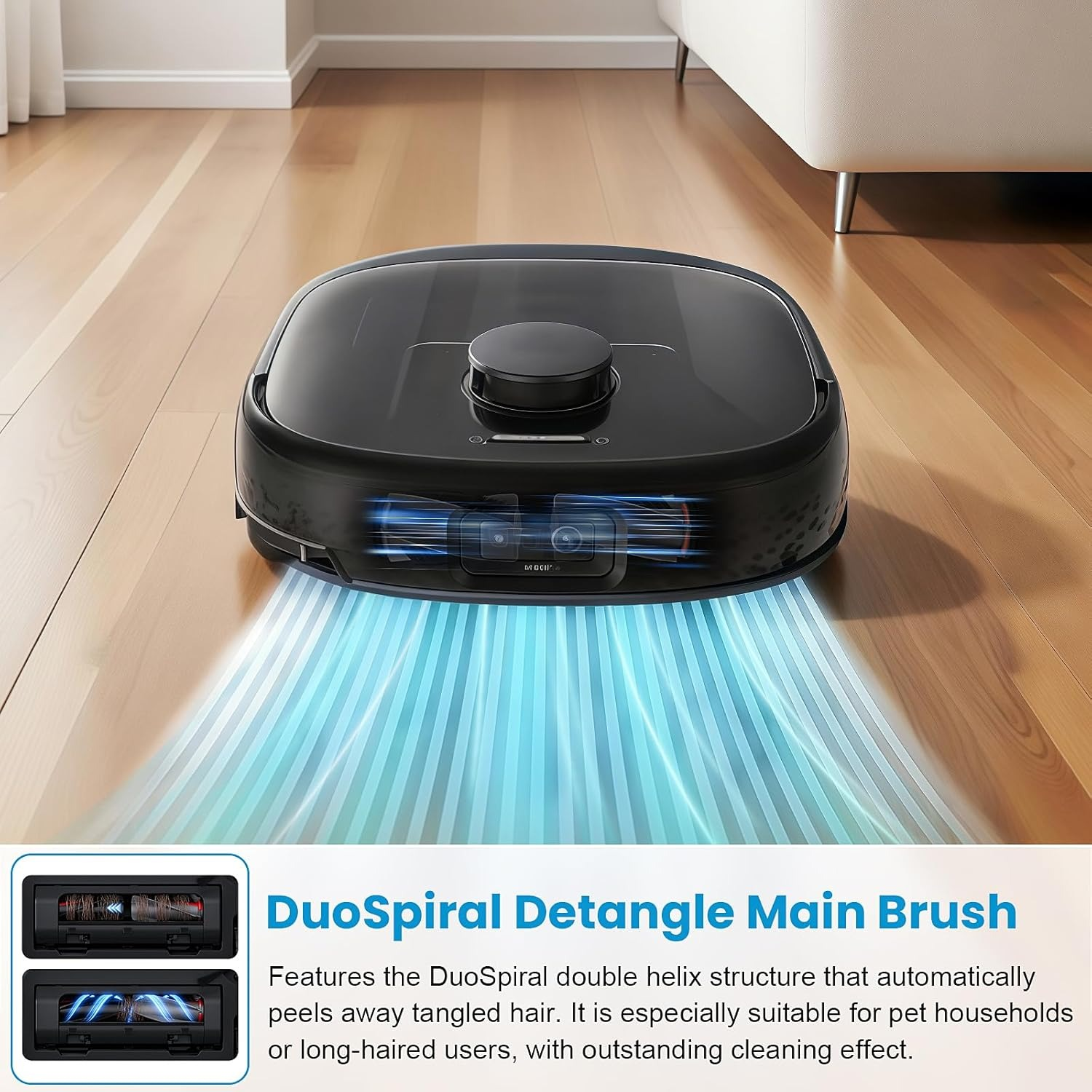 Een zwarte robotstofzuiger reinigt een houten vloer met blauwe zuigstralen.