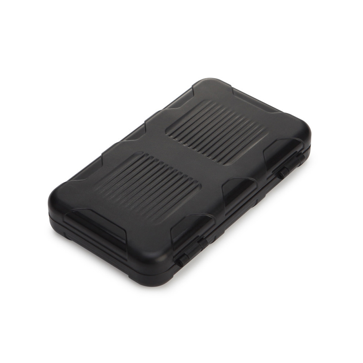 Czarna, wytrzymała obudowa z żebrowaną pokrywą, na białym tle.