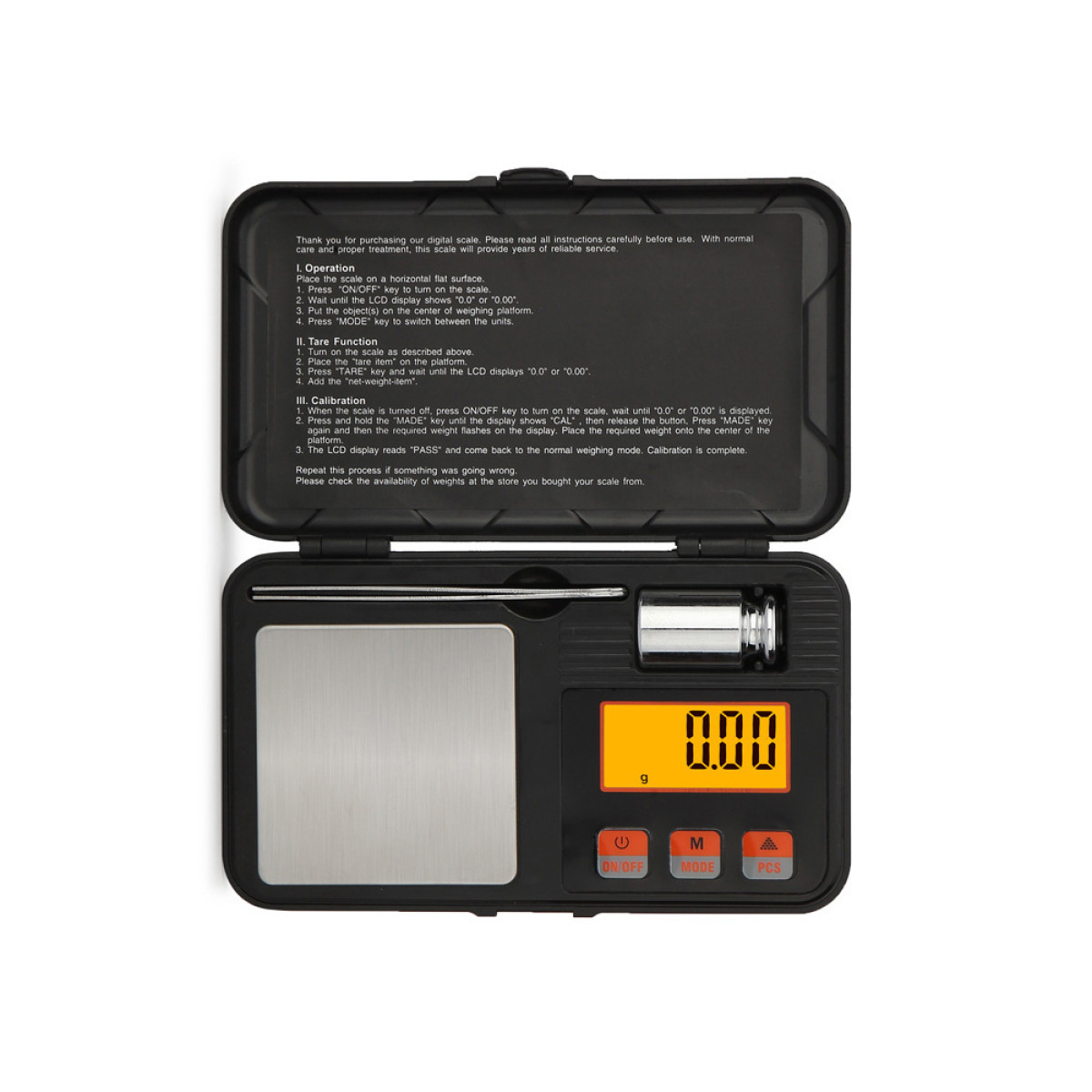 Otwarta waga cyfrowa z wyświetlaczem LCD pokazuje 0,00 g. Zawiera instrukcję obsługi.