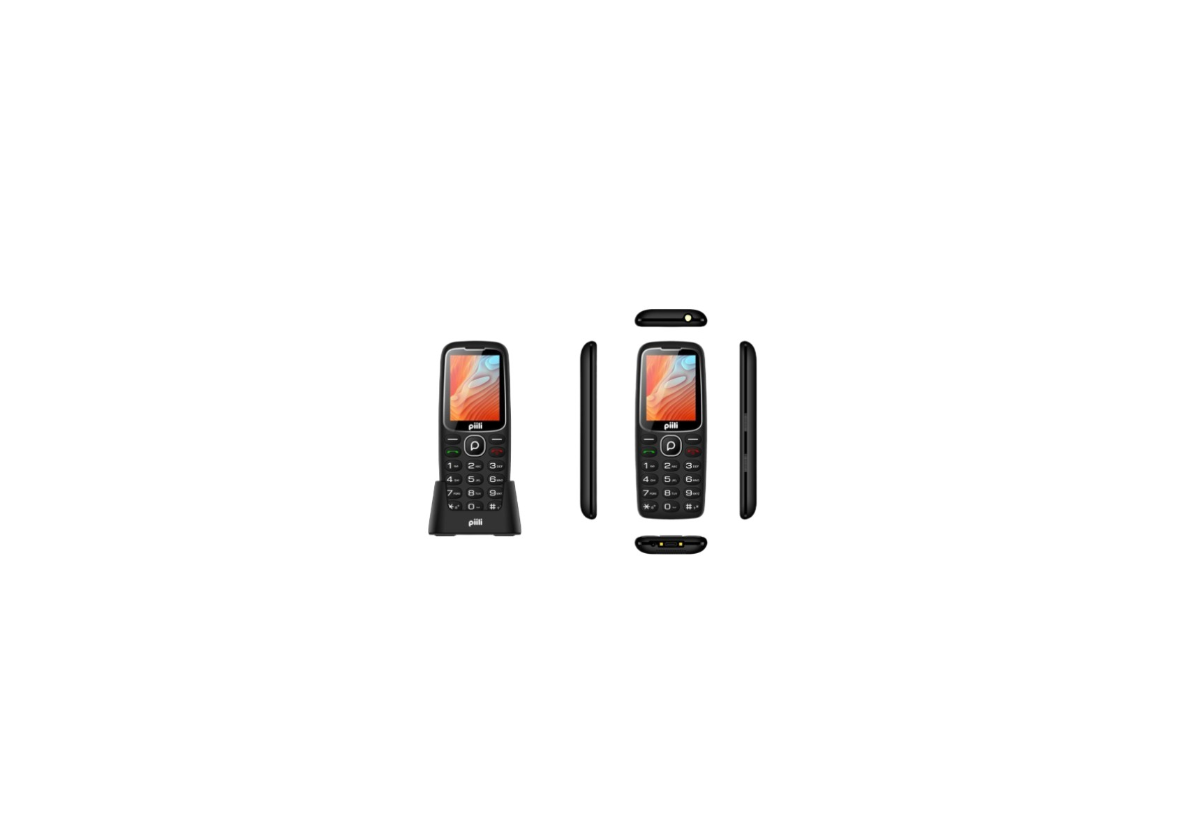 Şarj yuvasında tuş takımı ve renkli ekrana sahip siyah cep telefonu.