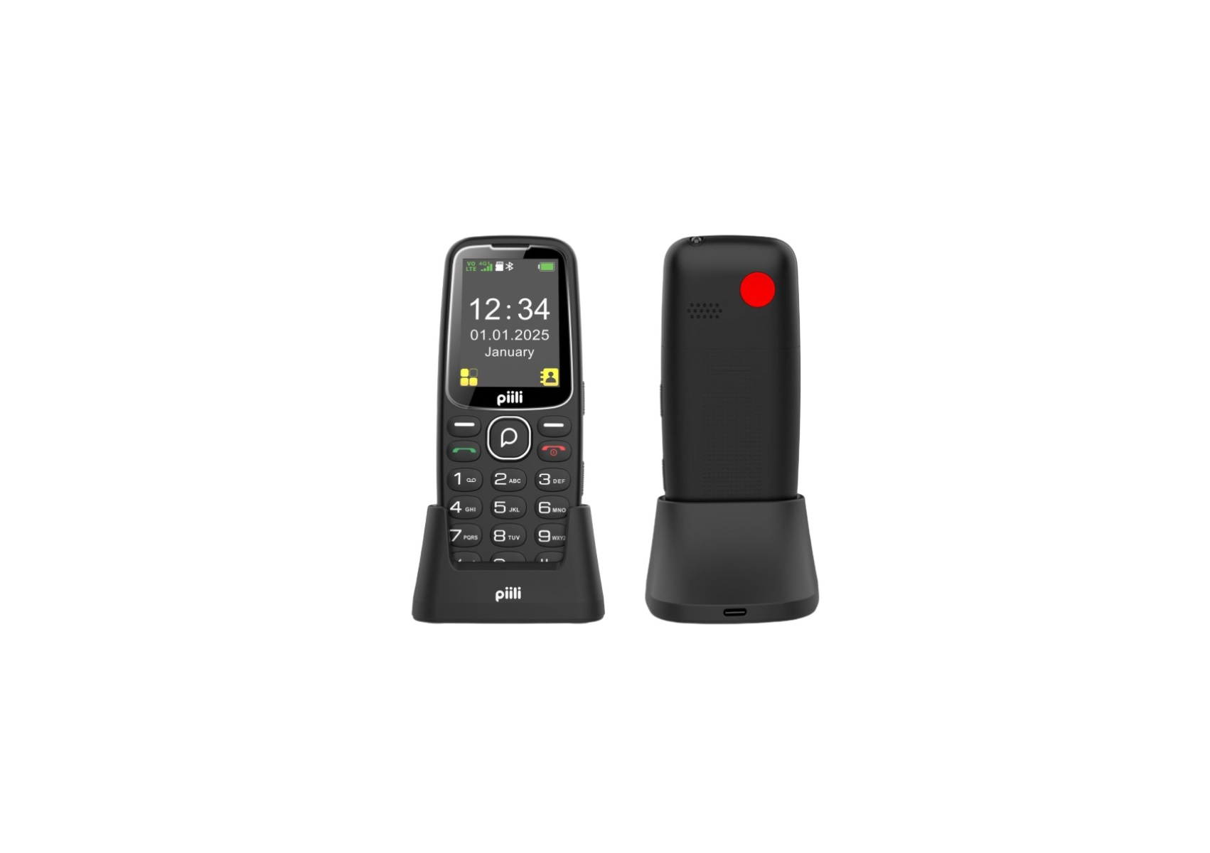 Şarj yuvalı siyah cep telefonu, ekranda saat ve tarih gösteriyor.