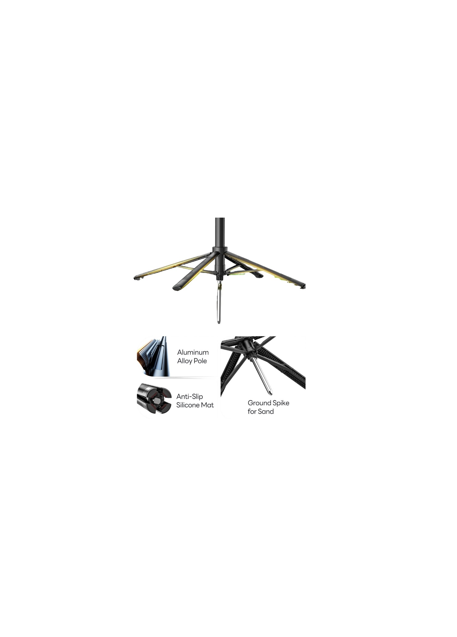 Alüminyum direkli, kaymaz matlı ve zemin kazığı olan bir tripod.
