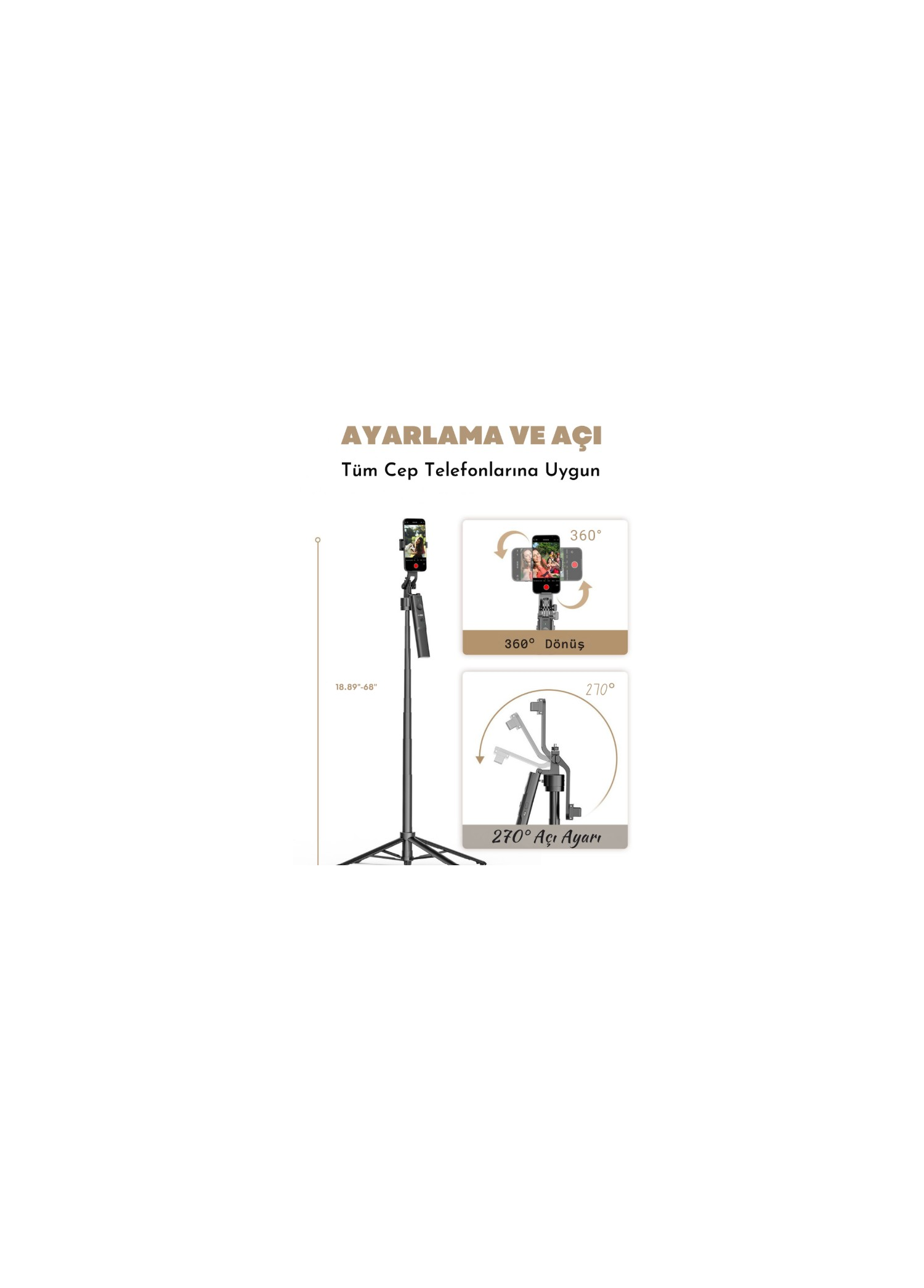 Telefon tutuculu tripod, 360° dönüş ve 270° açı ayarı gösteriyor.