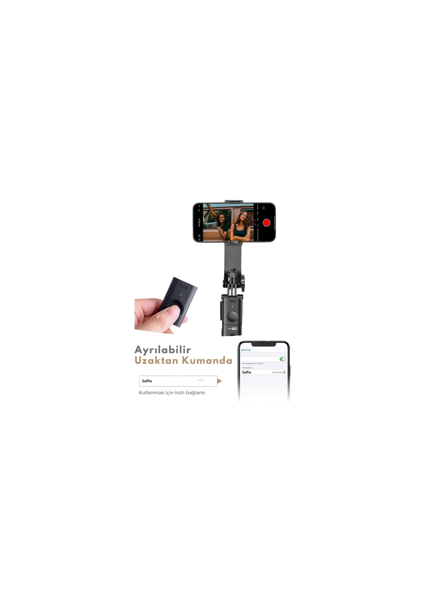 Uzaktan kumandalı selfie çubuğuna takılı akıllı telefon ve bağlantı ayarları.
