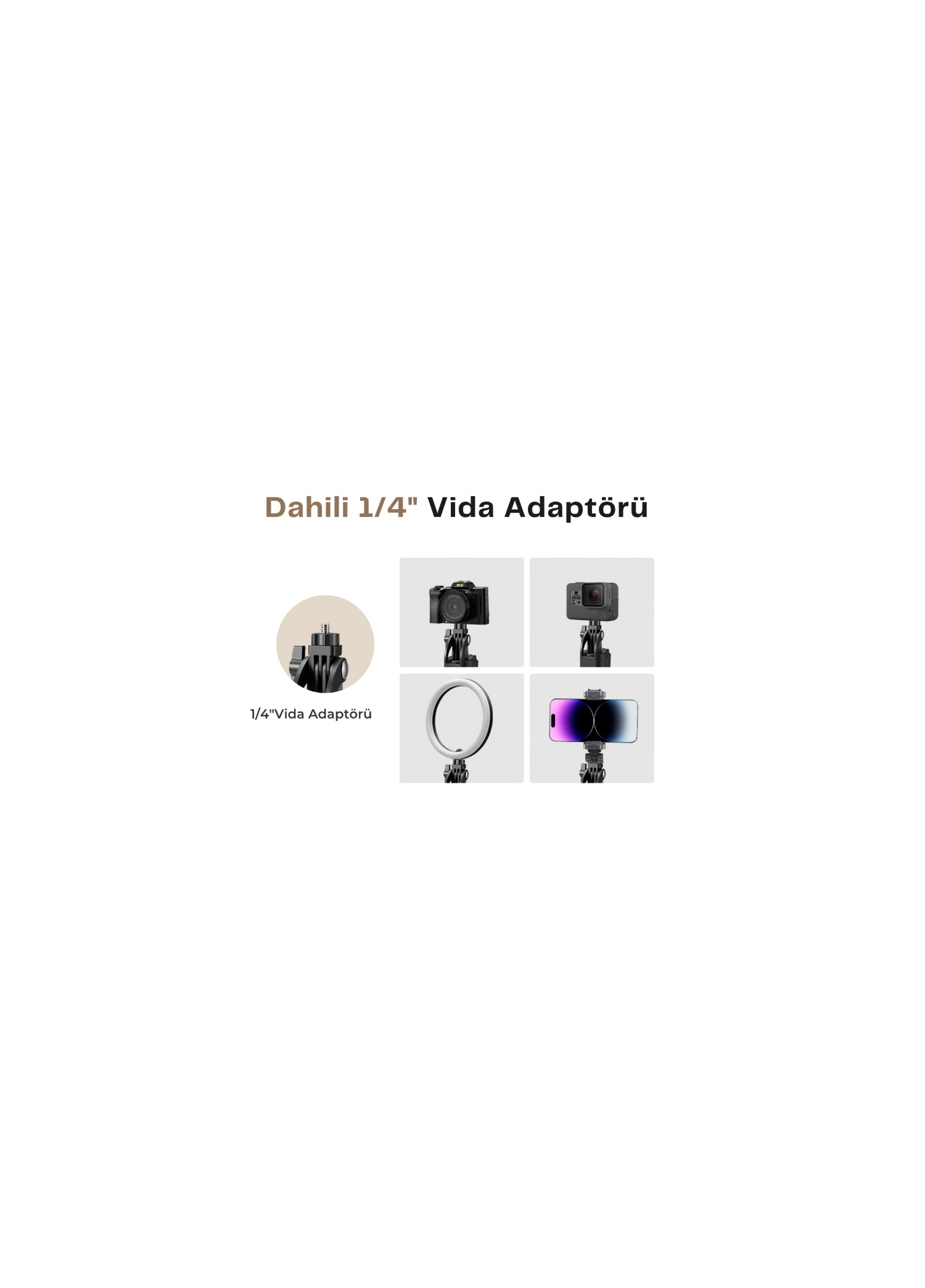 1/4 inç vidalı adaptör, kamera, GoPro ve telefon tutucu.