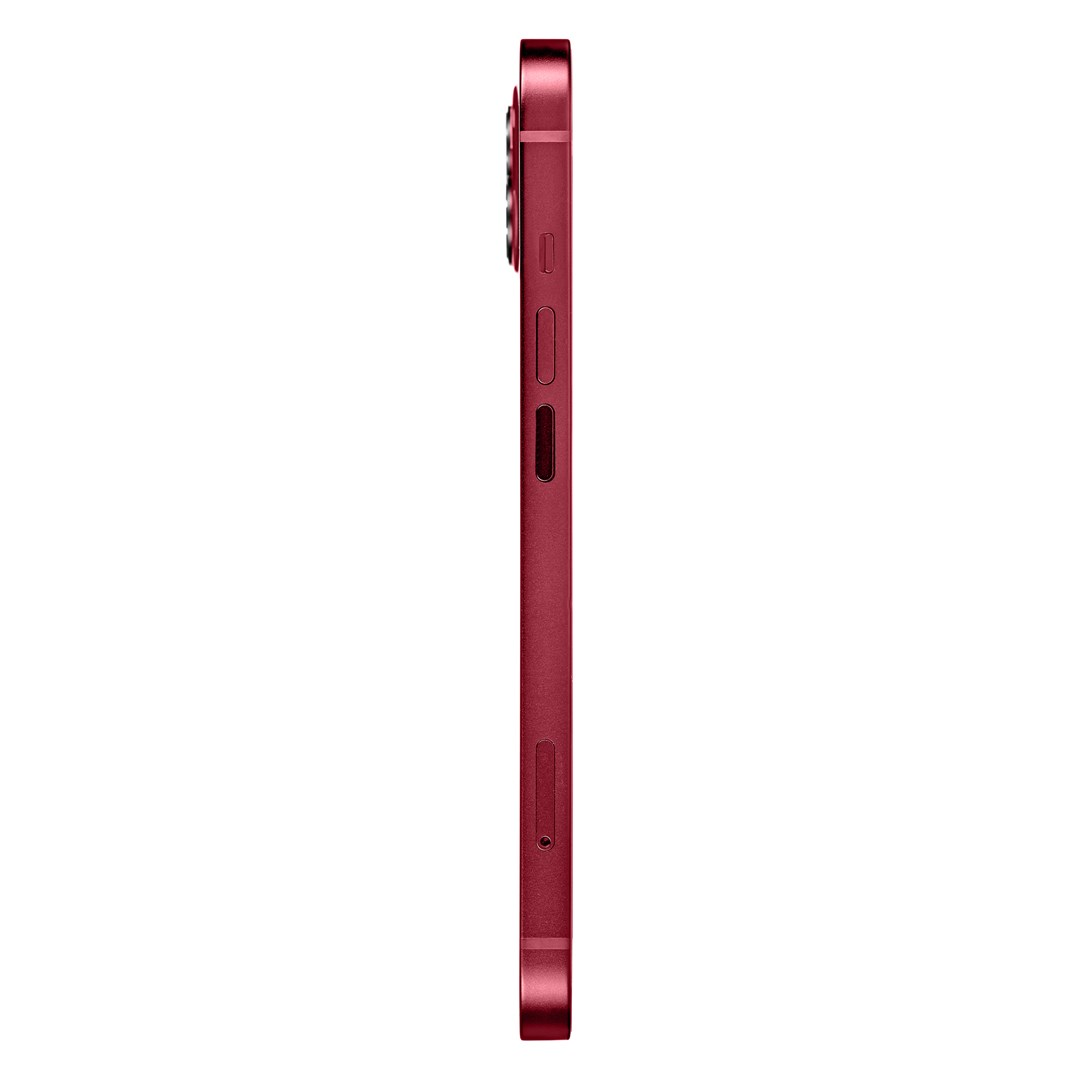 Smartphone rosso di profilo su sfondo bianco. Modulo fotocamera visibile.