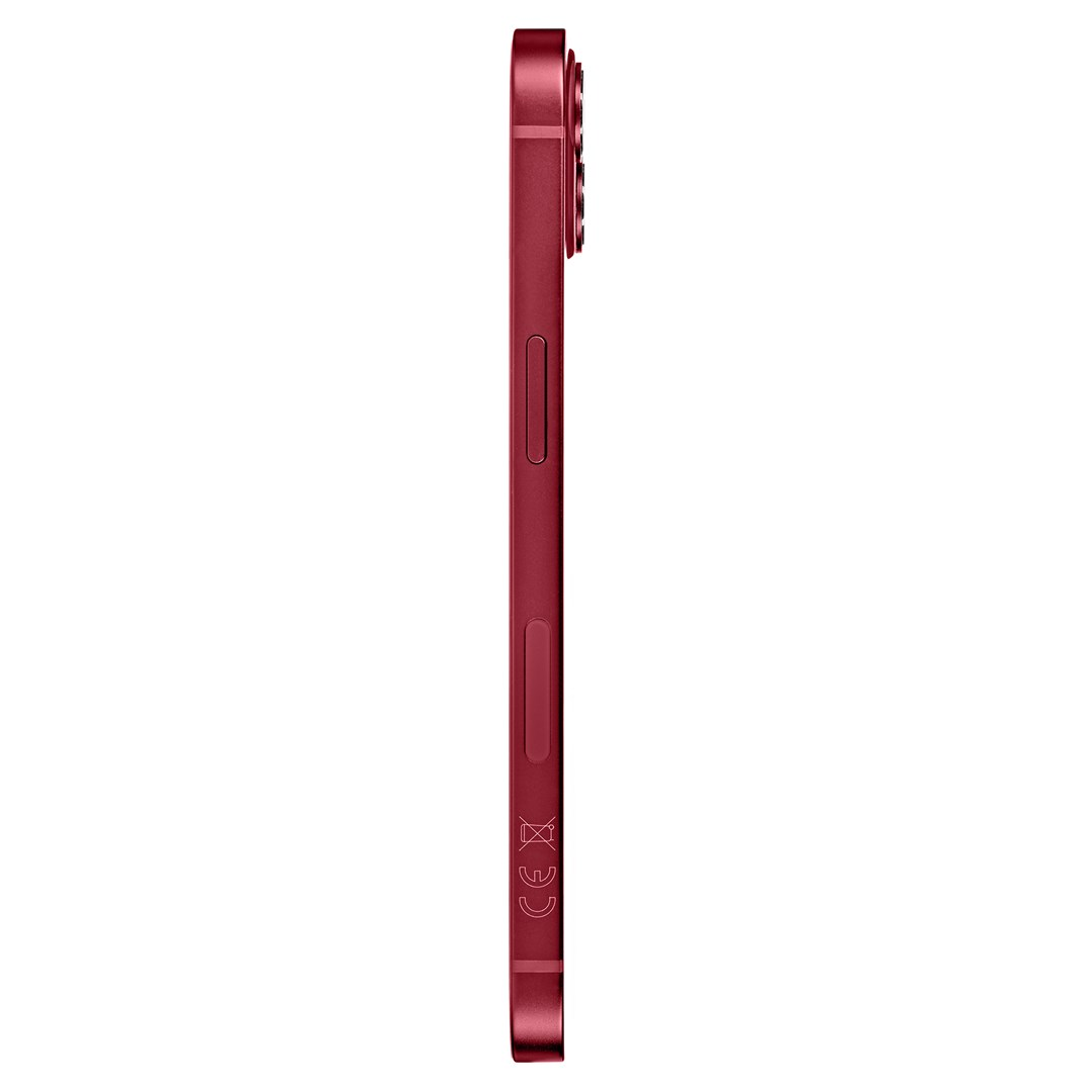 Smartphone rosso di profilo, con modulo fotocamera e marchio CE.