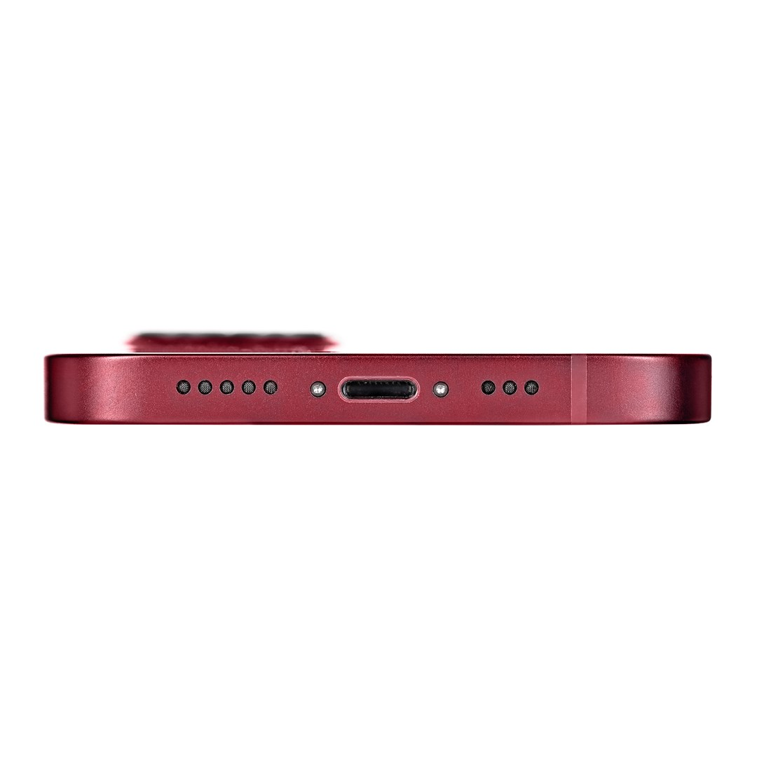 Vista inferiore di uno smartphone rosso con porta di ricarica e griglie.