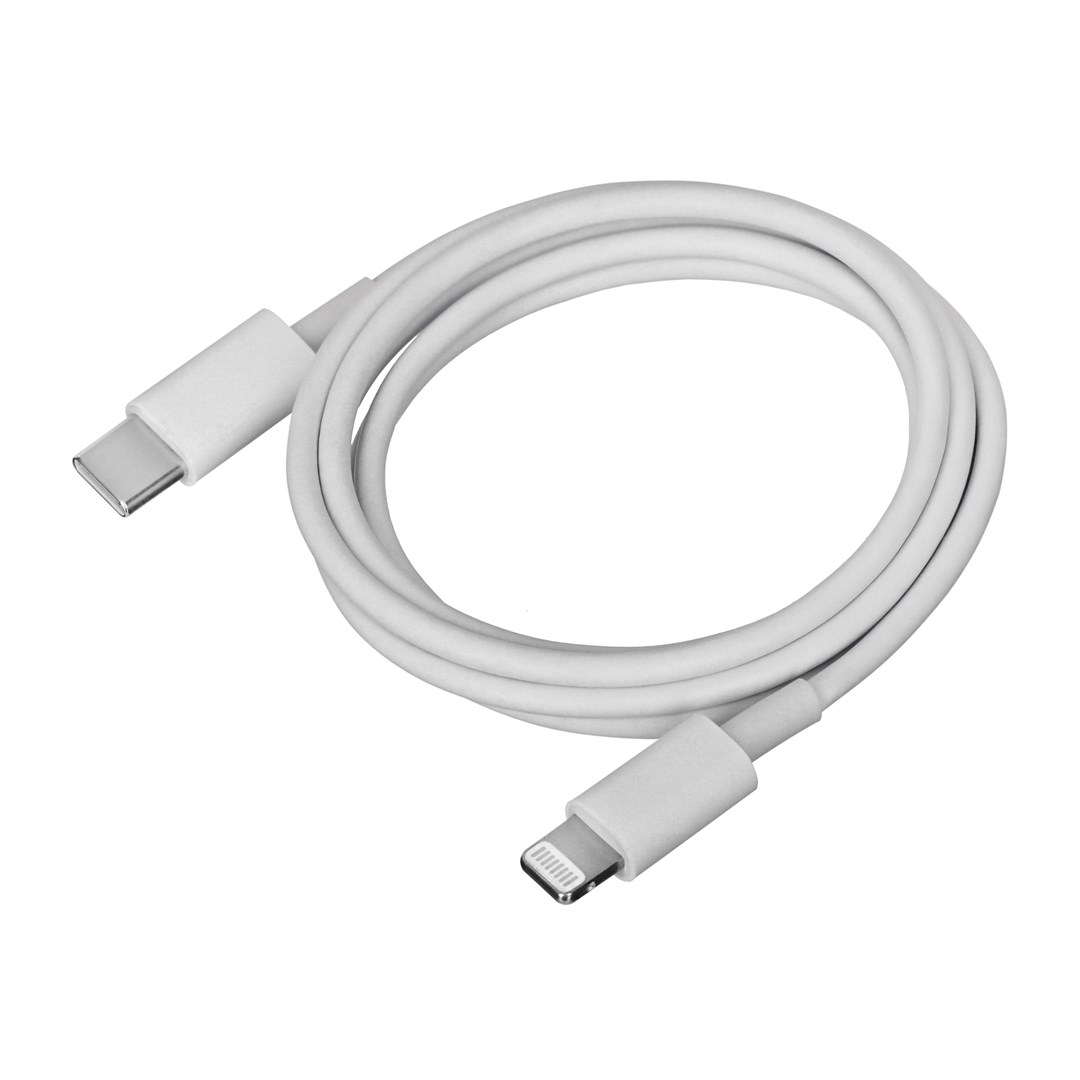 Un cavo da USB-C a Lightning bianco, su sfondo bianco.
