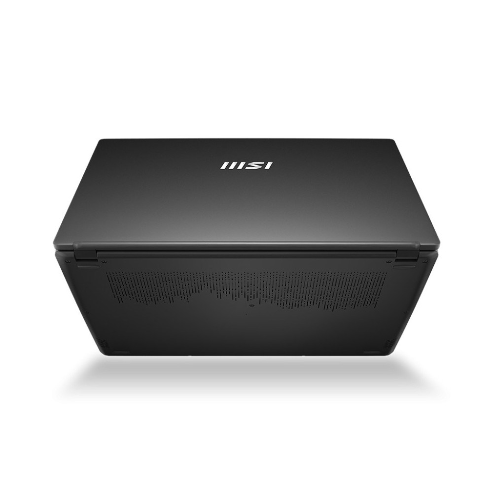 Czarny laptop, góra z logo MSI, spód z otworami wentylacyjnymi.