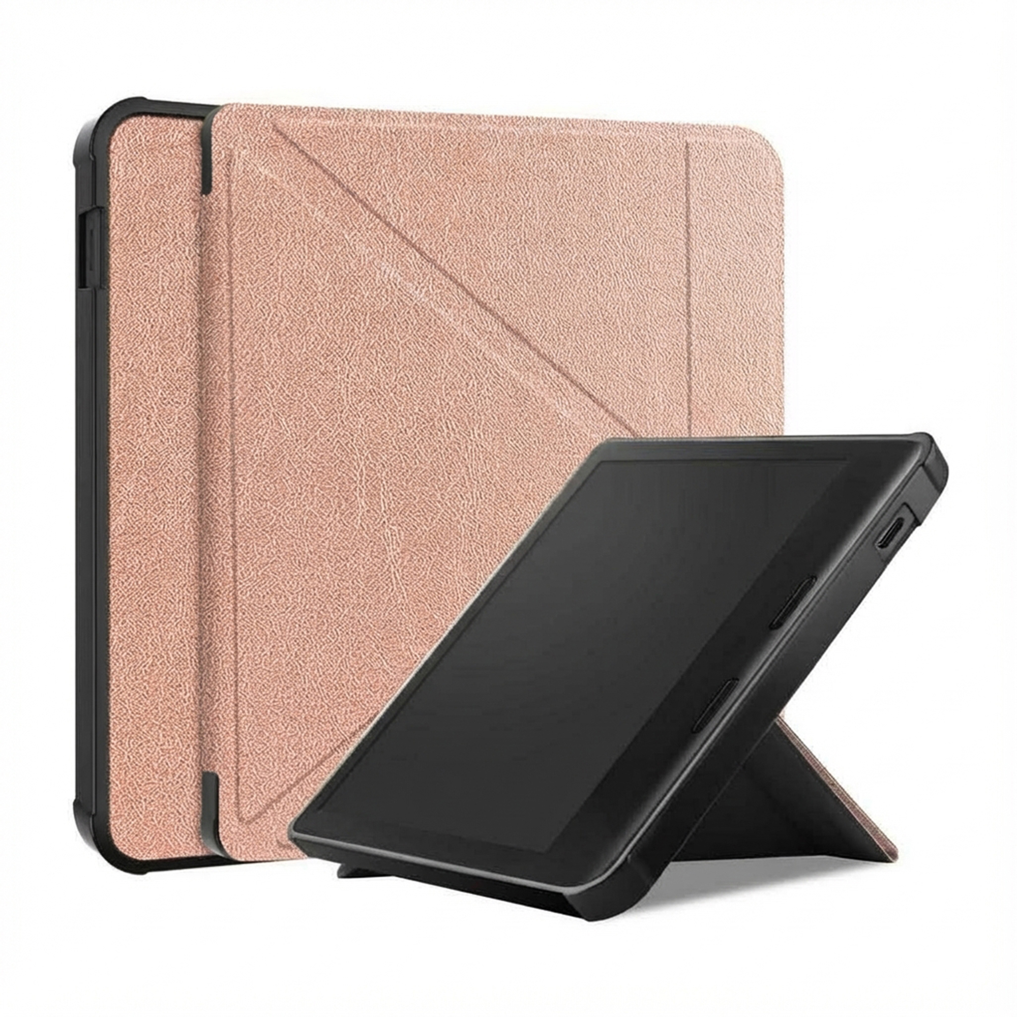 Een roségouden tablethoes met ingebouwde standaard naast een zwarte tablet.