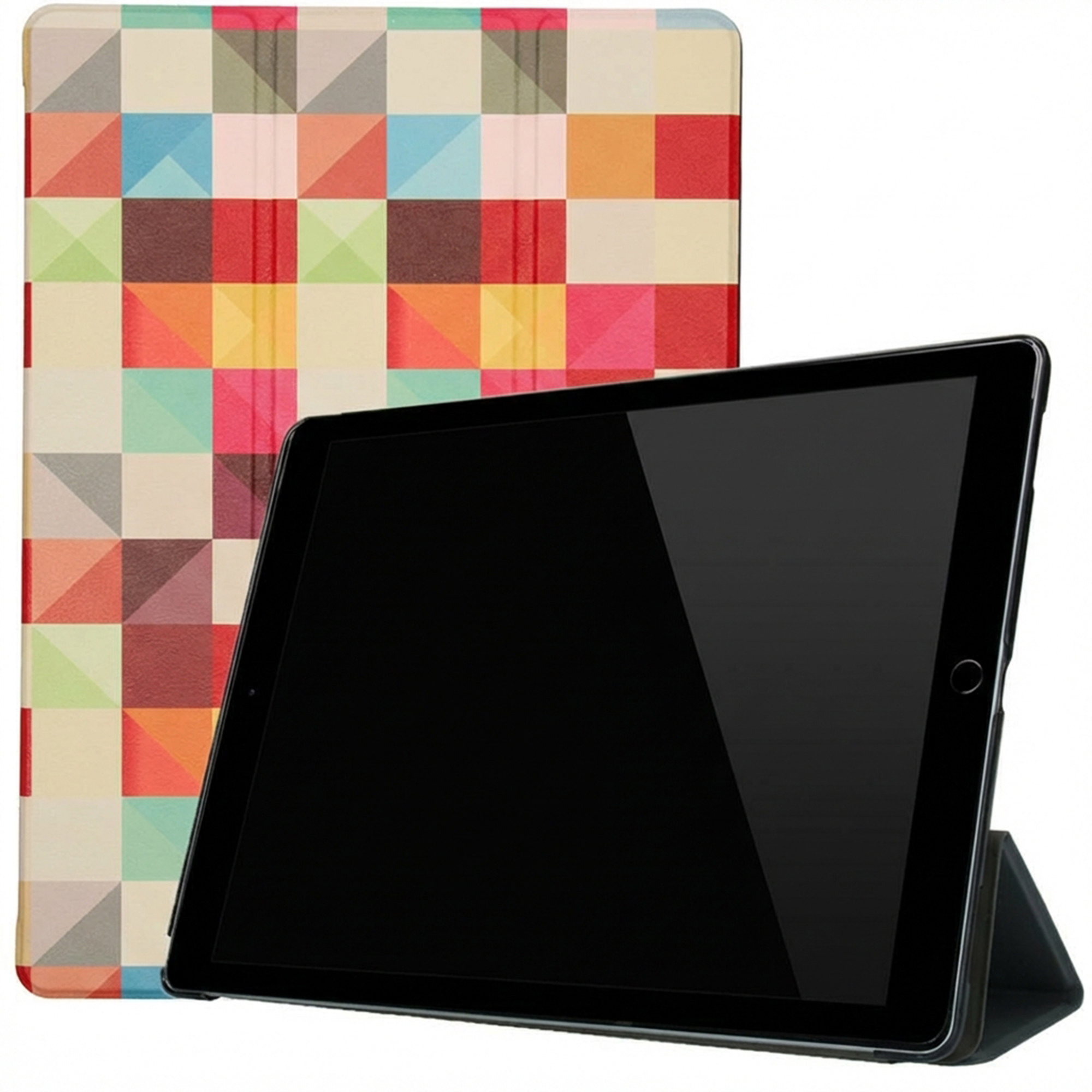 A tablet with a colorful geometric pattern on its cover.
