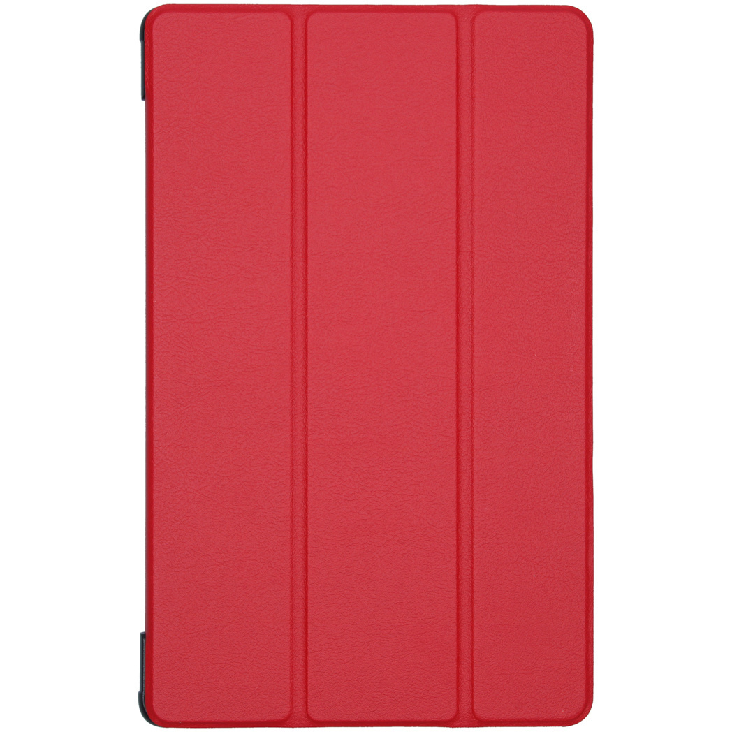 Étui pour tablette rouge avec trois plis verticaux sur le devant.