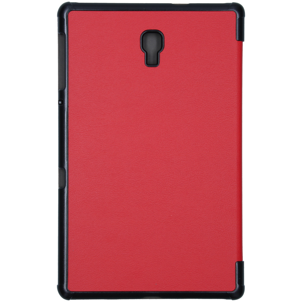 Housse rouge pour tablette avec cadre noir et trou pour appareil photo.