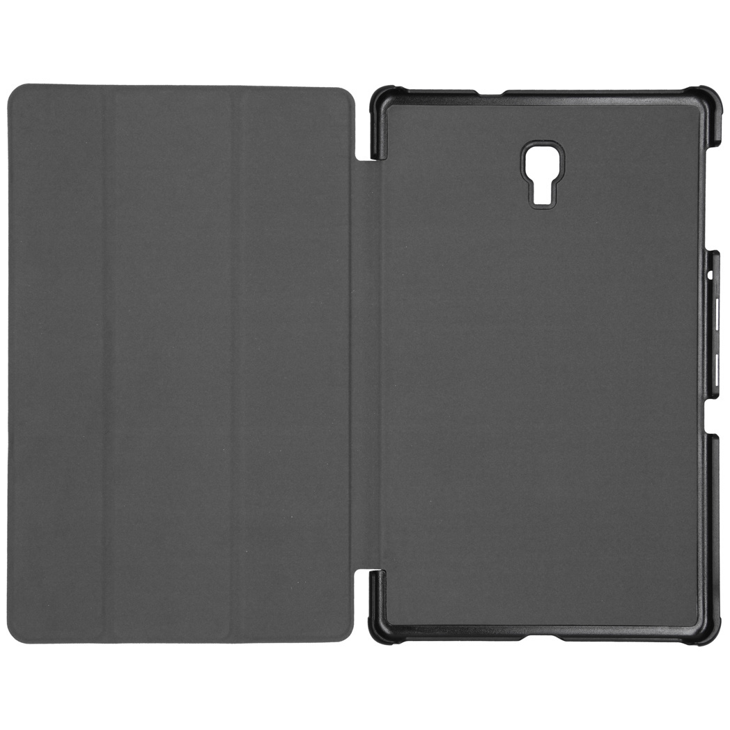 Une tablette noire avec une couverture ouverte. Le rabat gauche est plié vers la gauche.