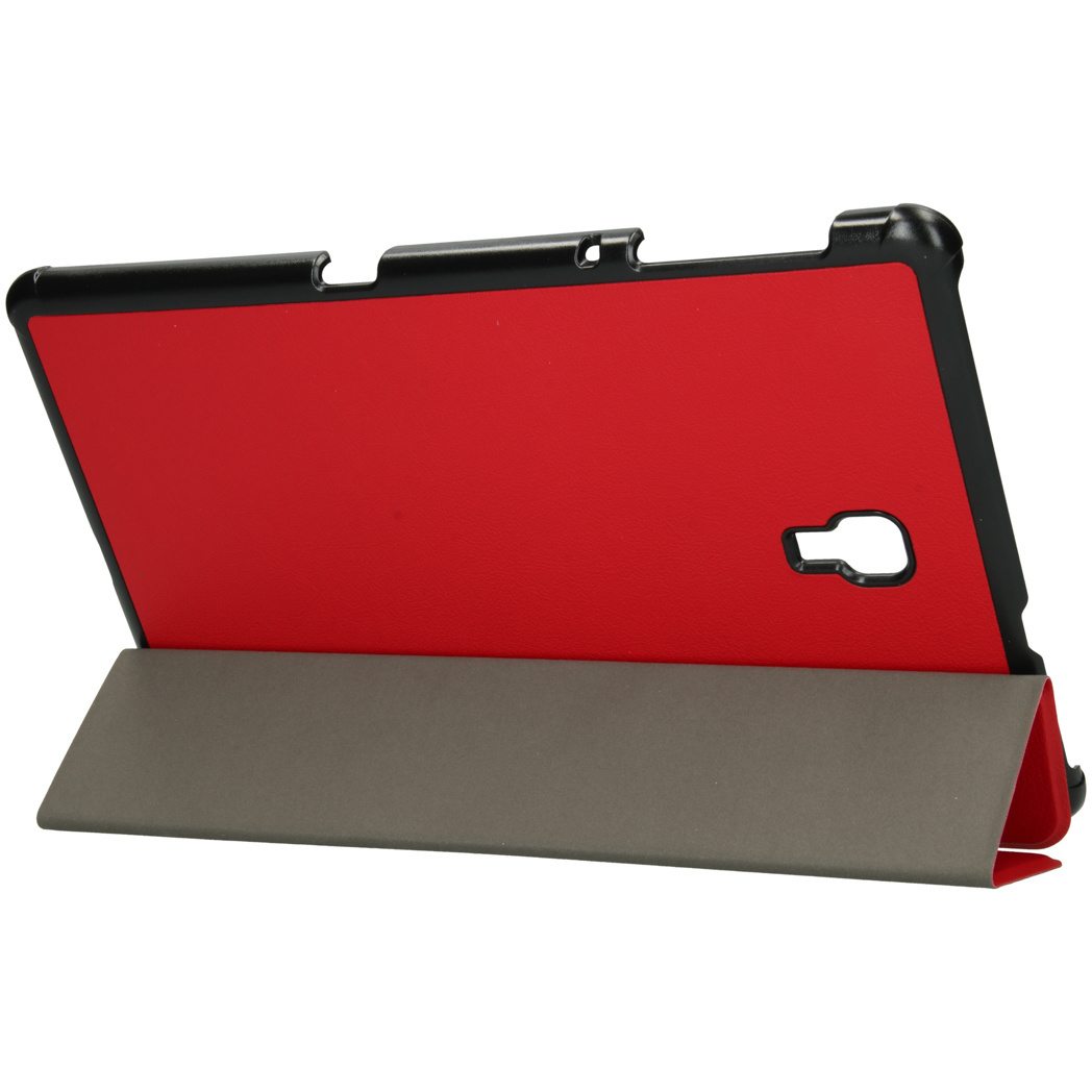 Étui rouge pour tablette avec bordure noire et fonction support grise.