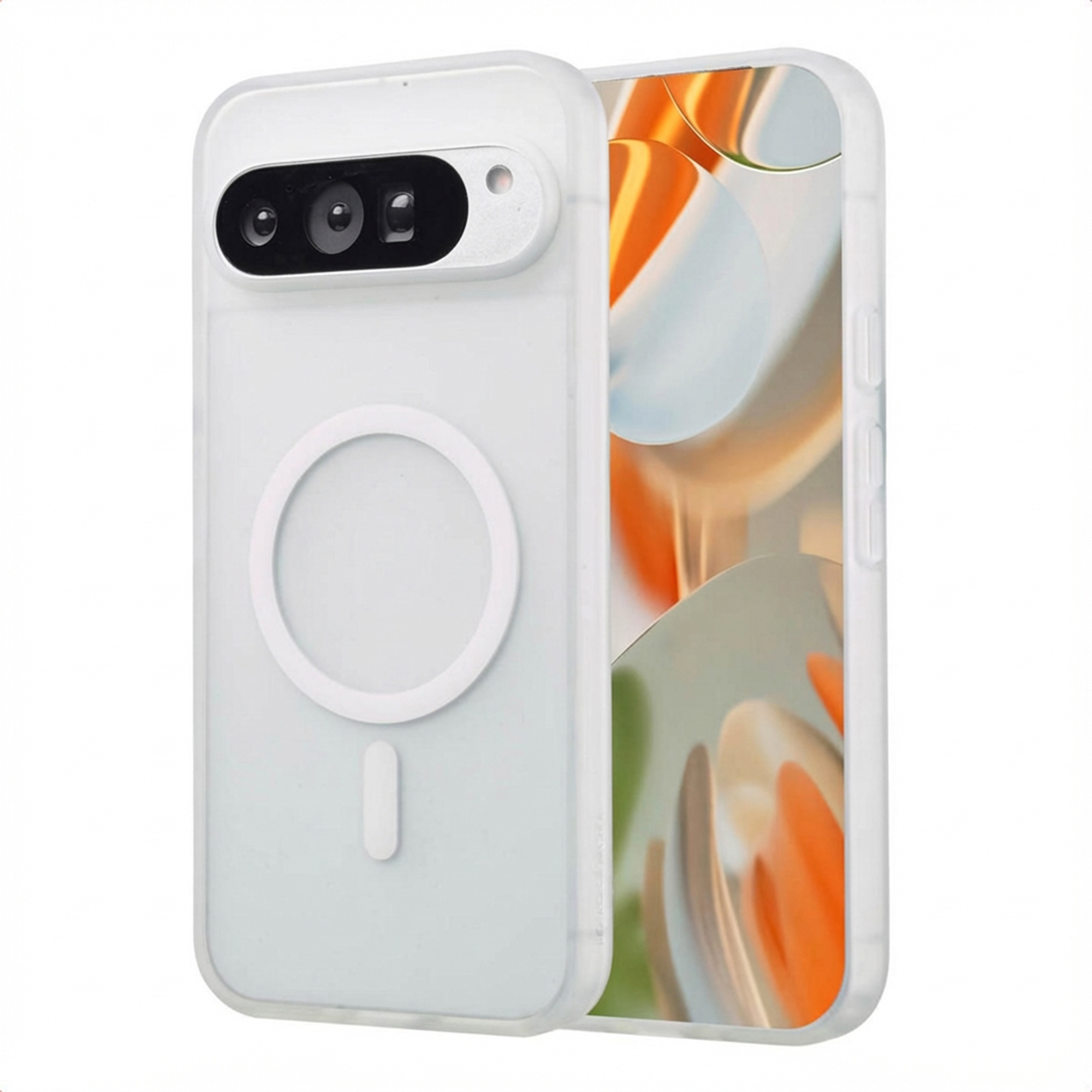 Wit telefoonhoesje met MagSafe-ring en drie cameralenzen.