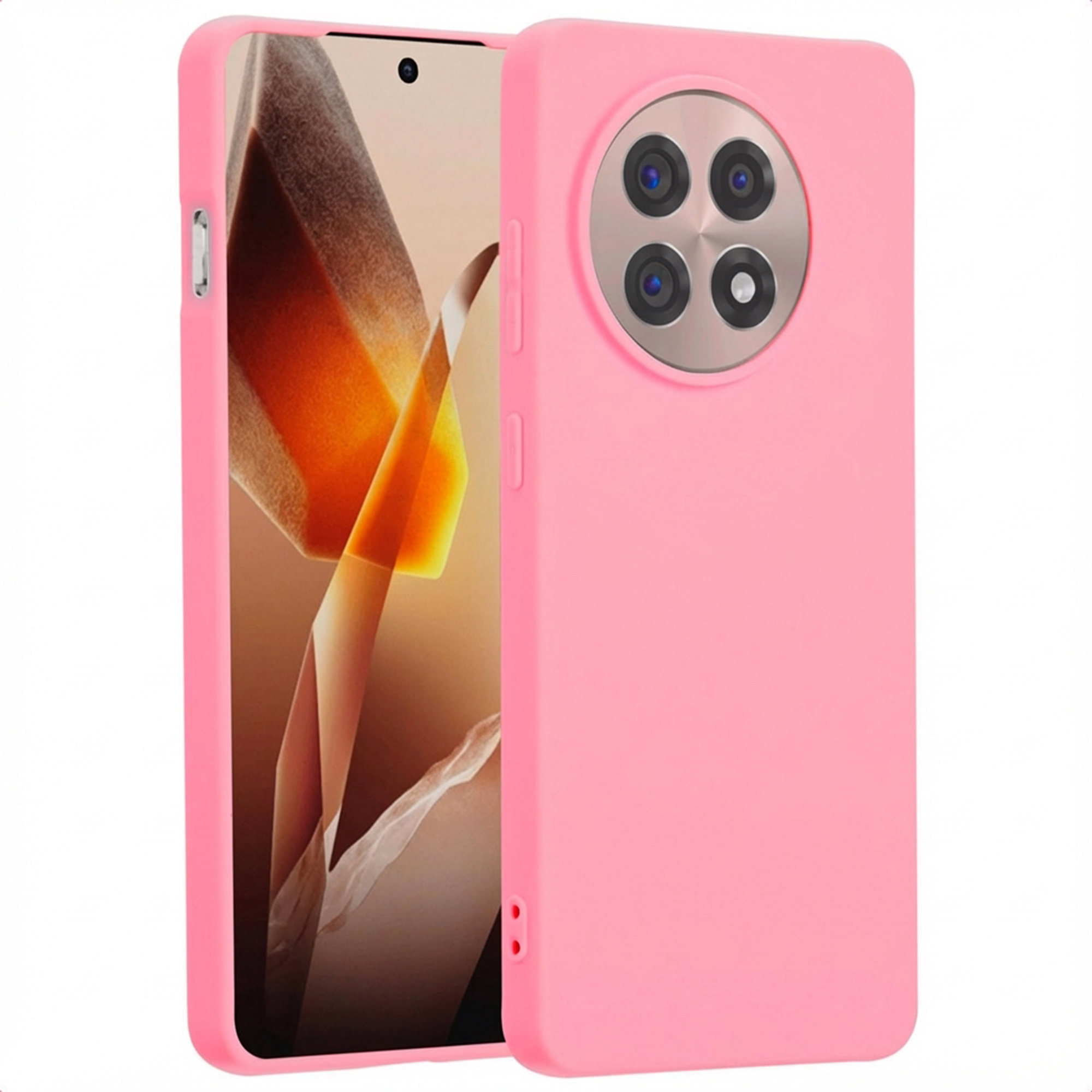 Een roze telefoonhoes met vier camera's aan de achterkant ligt naast een telefoon.