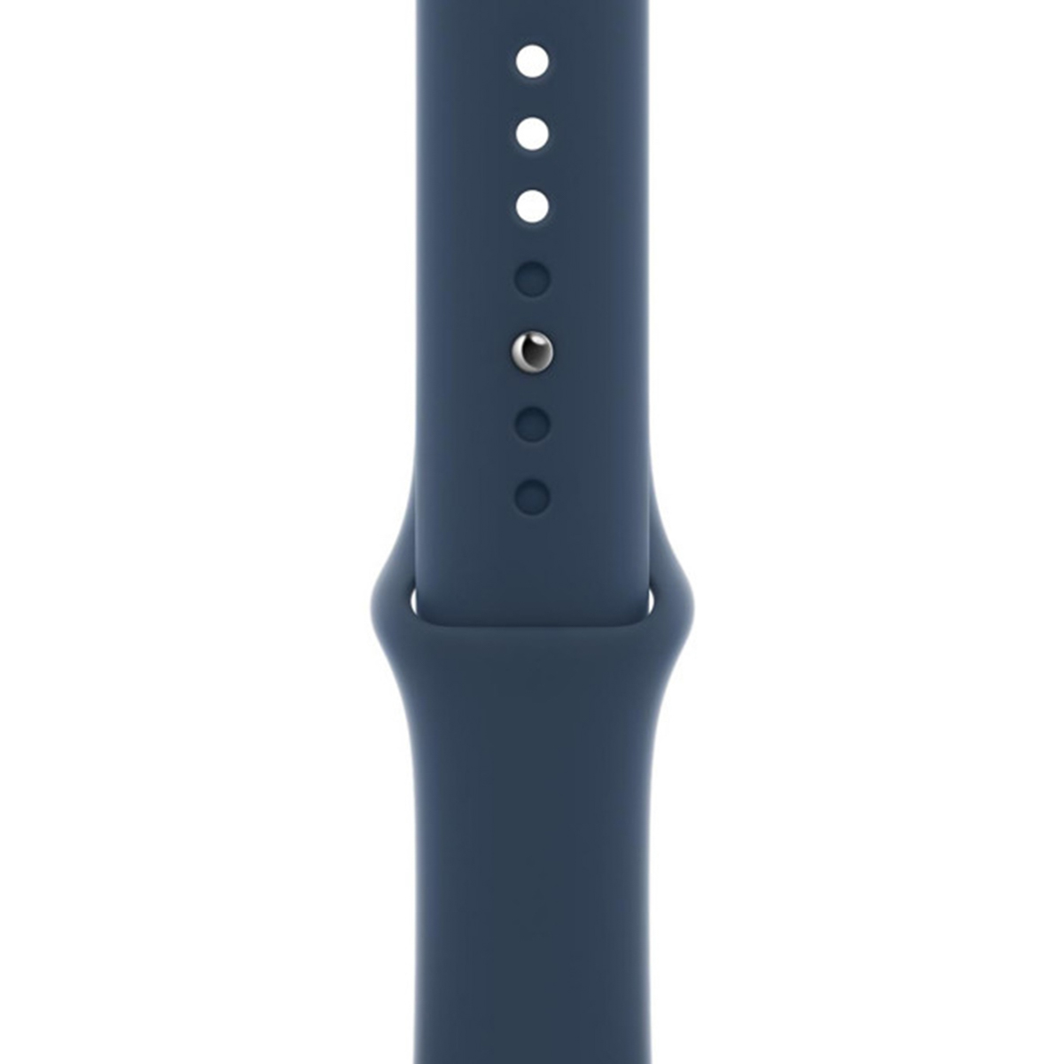 Granatowa opaska zegarka z dziurkami i bolcem.