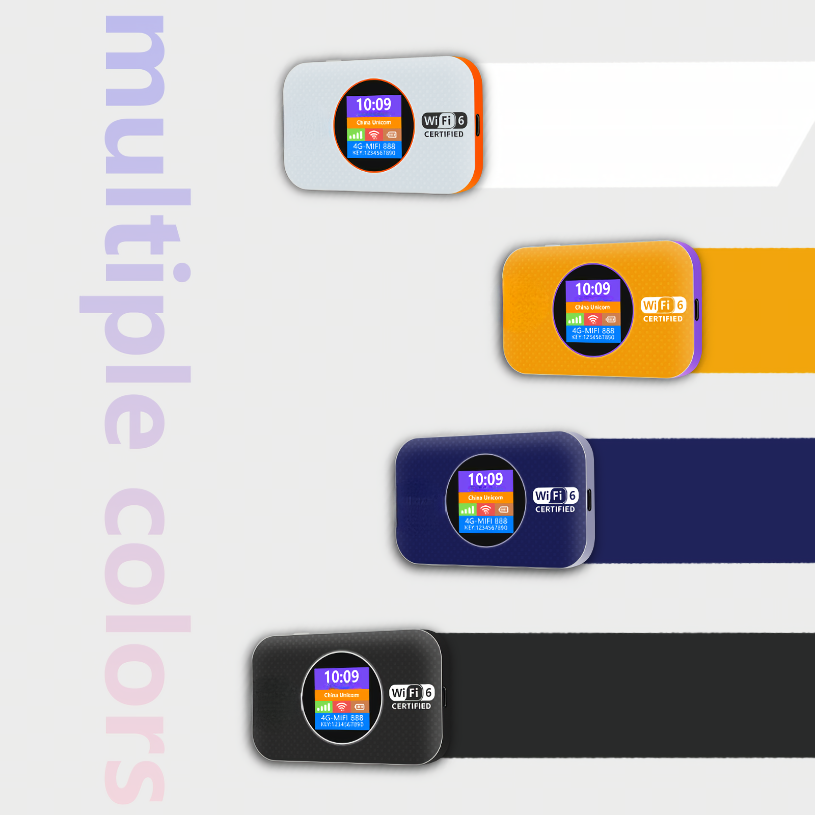 Vier 4G-MiFi-Geräte in verschiedenen Farben: weiß, orange, dunkelblau und schwarz.