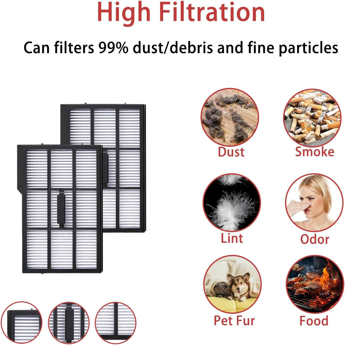 Luchtfilters met iconen voor stof, rook, pluisjes, geur, dierenharen en voedsel.