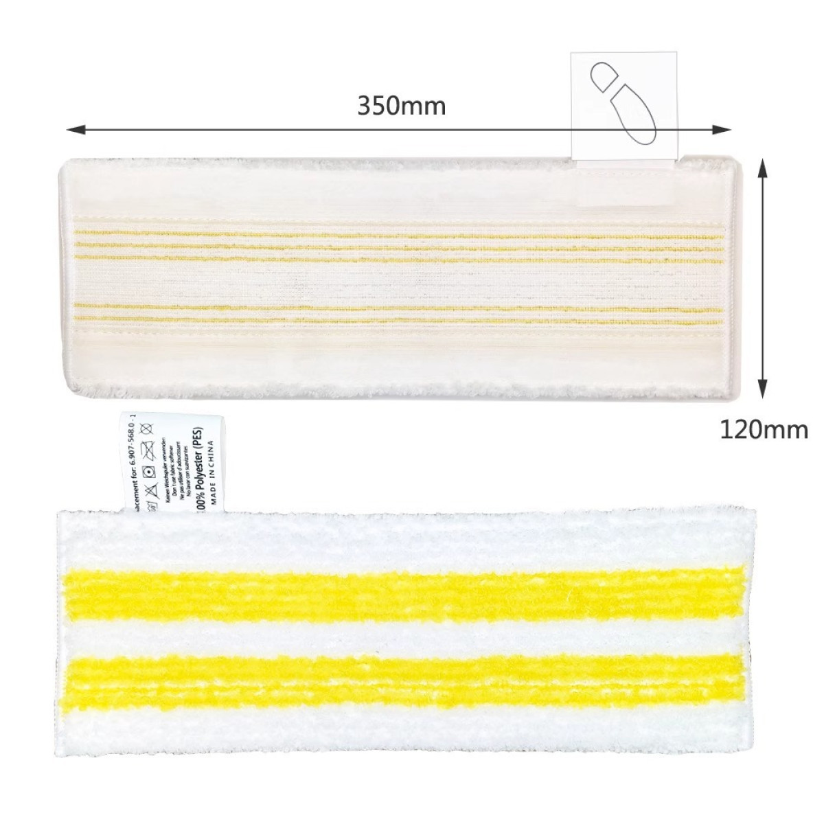 Ein weißer Wischmoppbezug mit gelben Streifen, 350x120mm, Made in China.