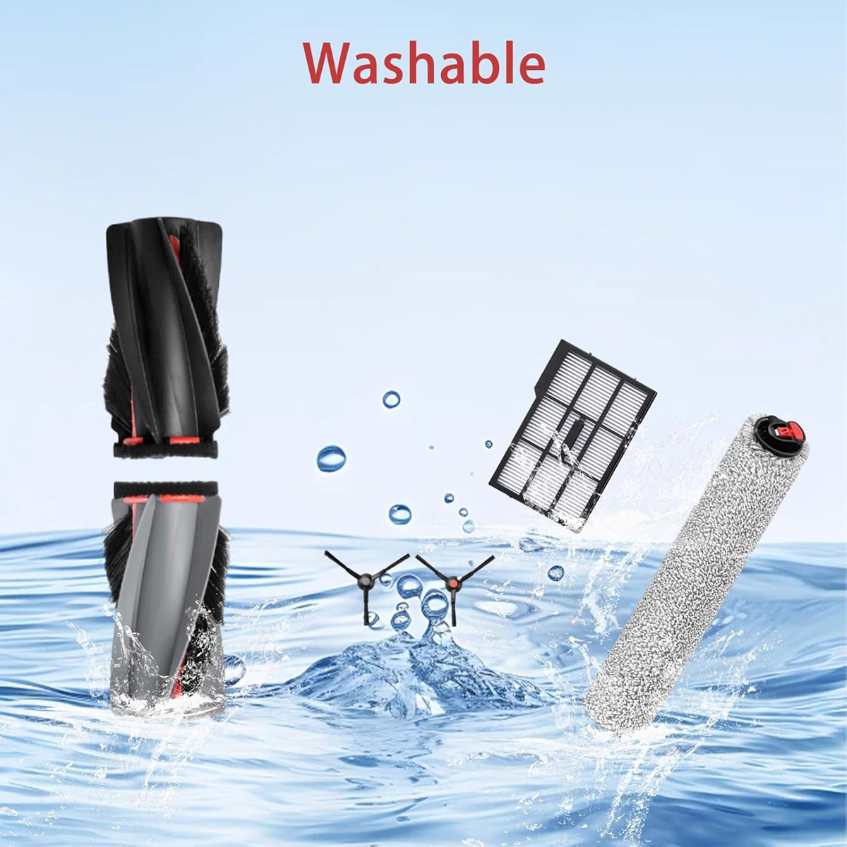 Een roterende borstel, filter en dweilkop worden in water getoond.