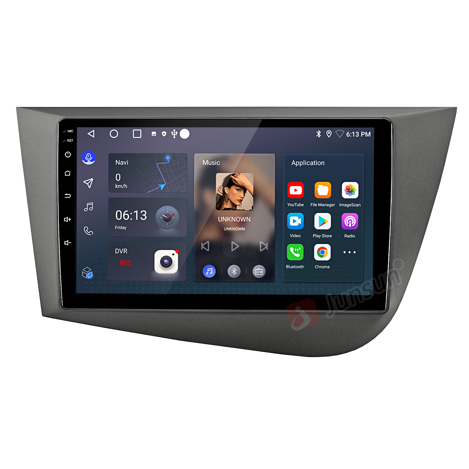 Una pantalla táctil de radio de coche con navegación, música y aplicaciones.