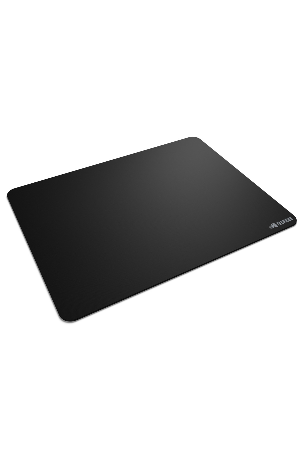 Yuvarlak köşeli, sağda küçük logolu siyah mousepad.
