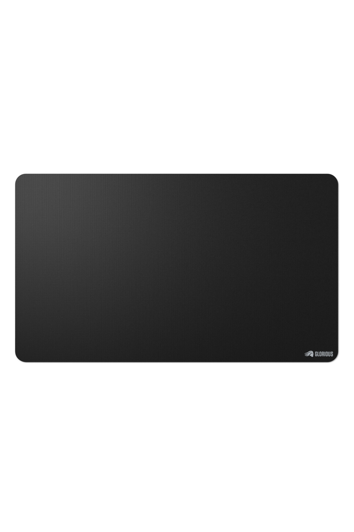 Alt sağ köşede küçük parlak logolu, ince dokulu siyah mousepad.