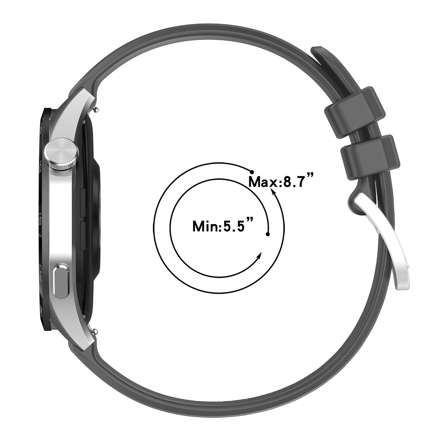 Szara bransoleta zegarka ze srebrną klamrą i czarnymi detalami tarczy.