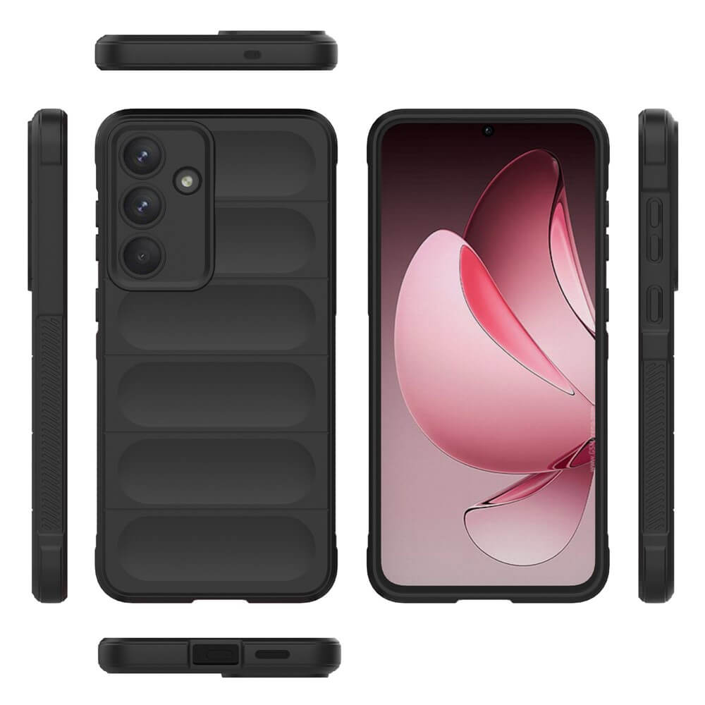 Coque de téléphone noire vue sous plusieurs angles sur fond blanc.