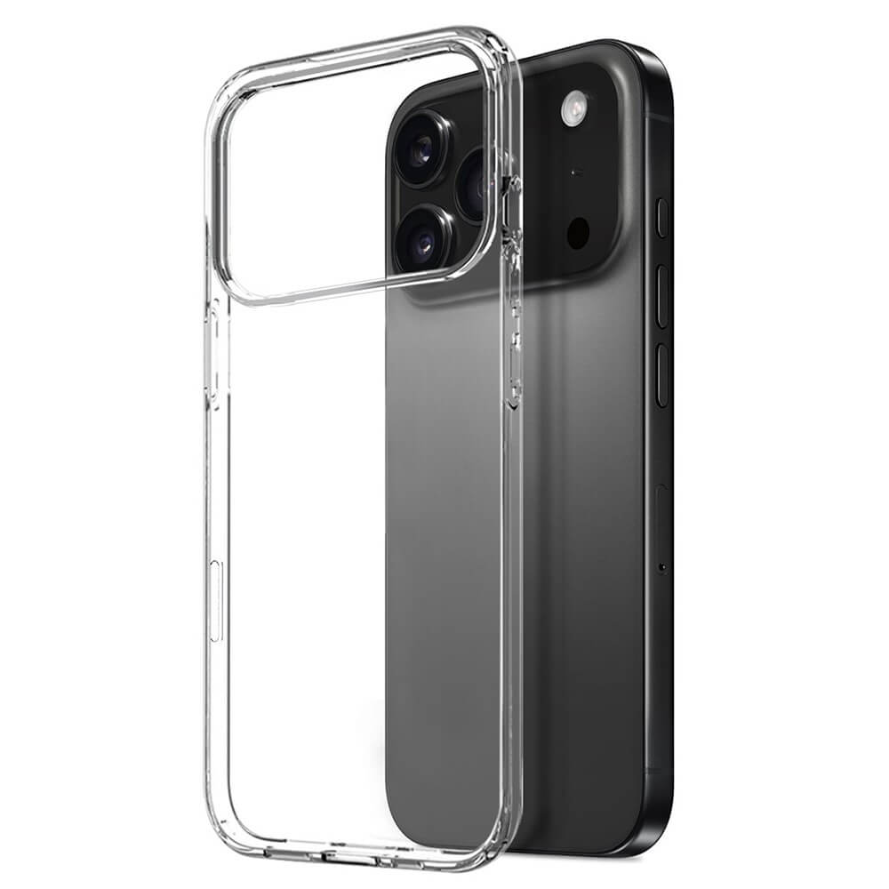 Una custodia trasparente per telefono giace accanto a uno smartphone scuro.
