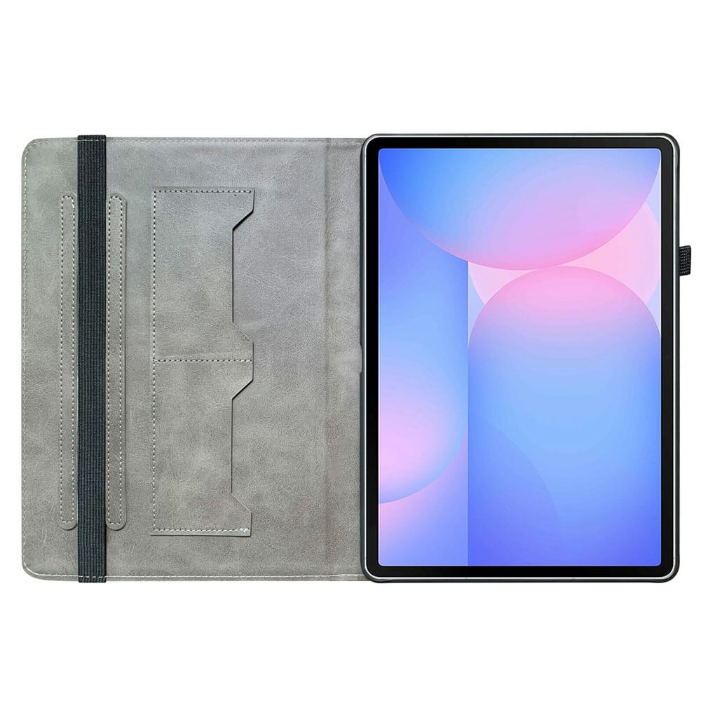 Graues Tablet-Etui mit Stifthalter und einem Tablet, das einen bunten Hintergrund zeigt.