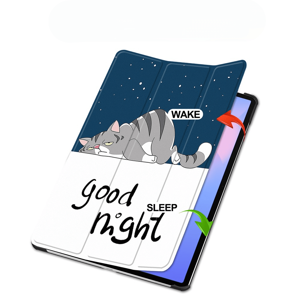Un étui pour tablette avec un chat endormi et le texte « bonne nuit ».